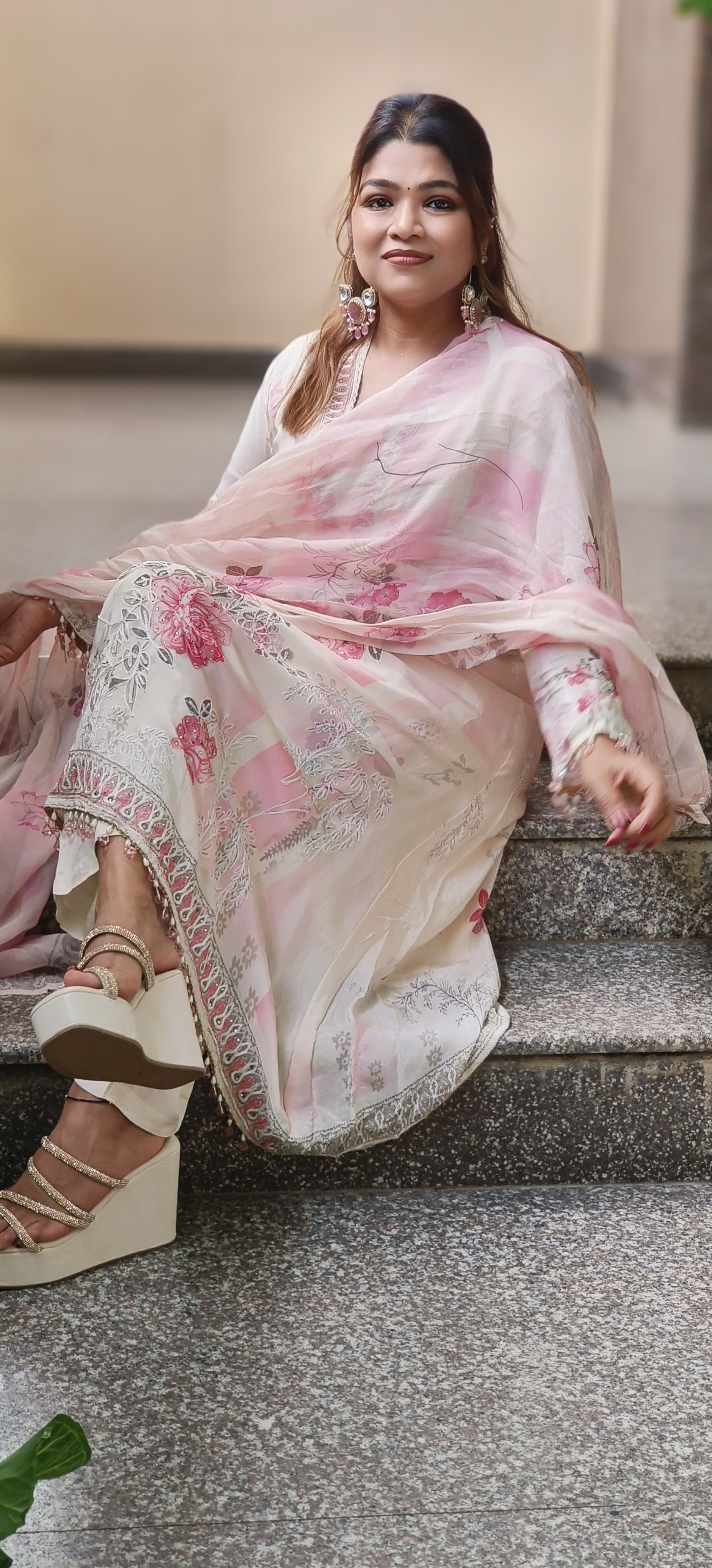 Anarkali Pure Crepe Stylish Full Suit With Floral Organza Dupatta