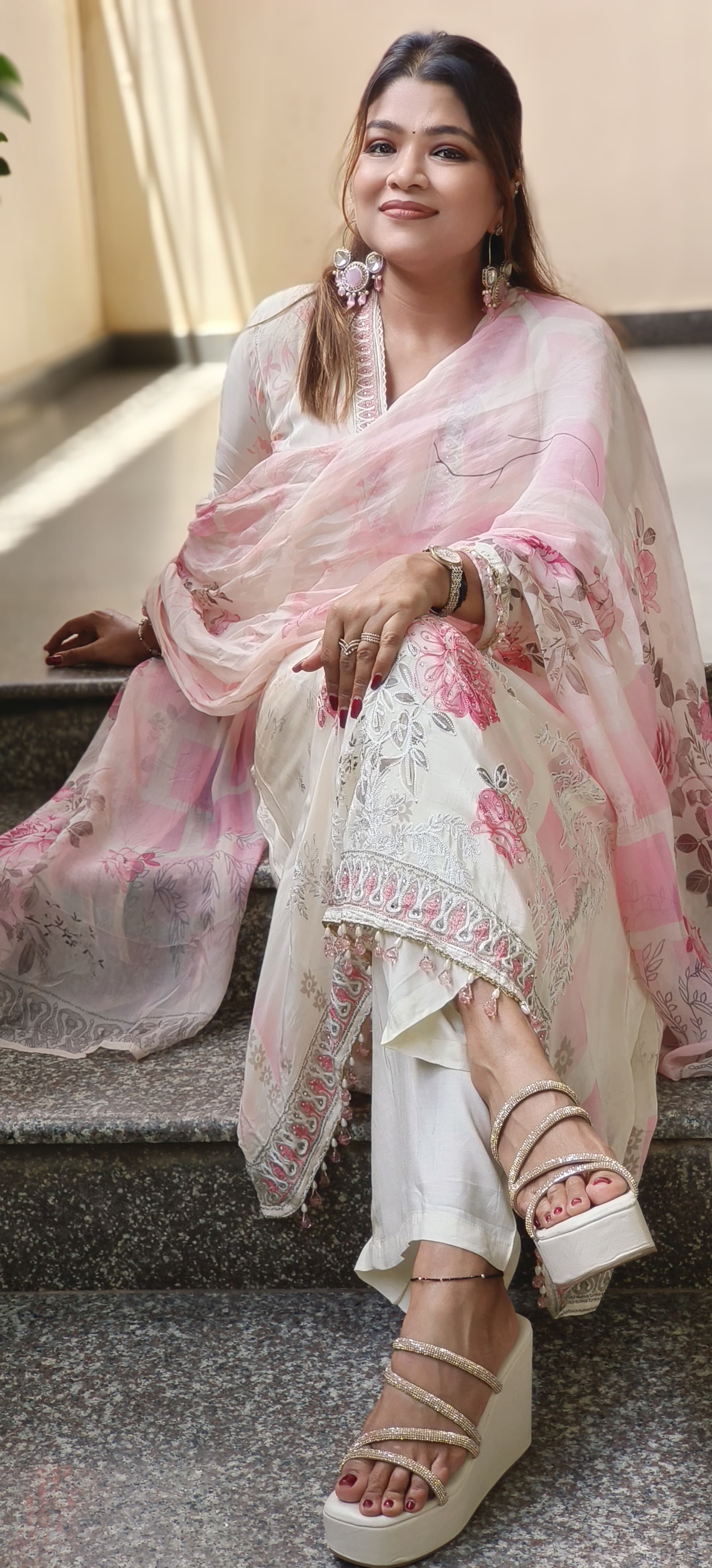 Anarkali Pure Crepe Stylish Full Suit With Floral Organza Dupatta