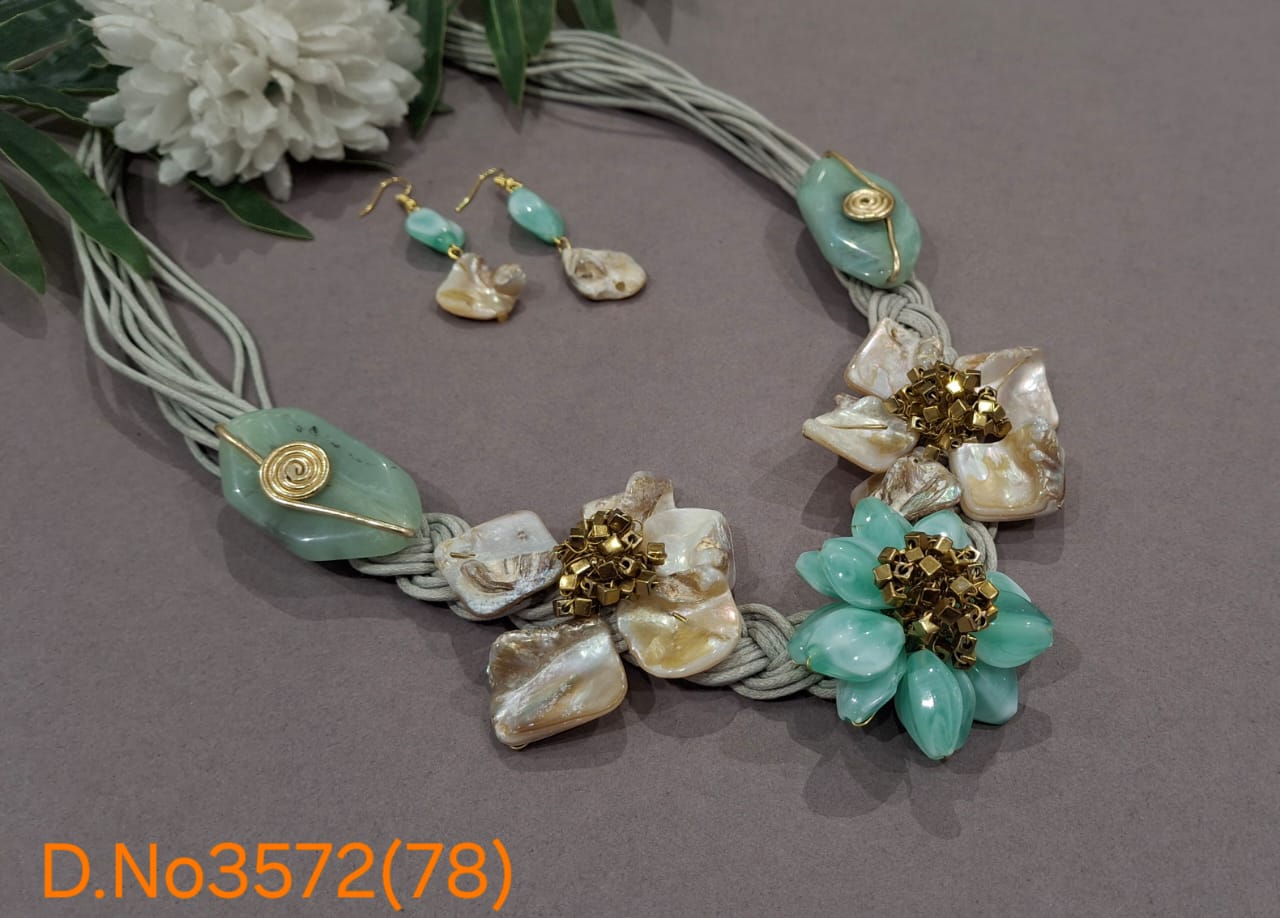 Handcrafted Floral Gemstone Statement Necklace Set with Shell & Resin Accents