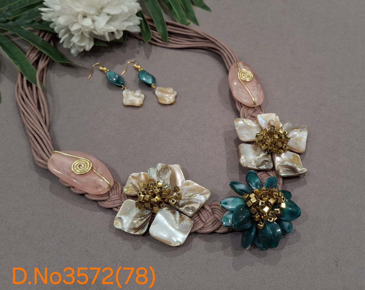 Handcrafted Floral Gemstone Statement Necklace Set with Shell & Resin Accents