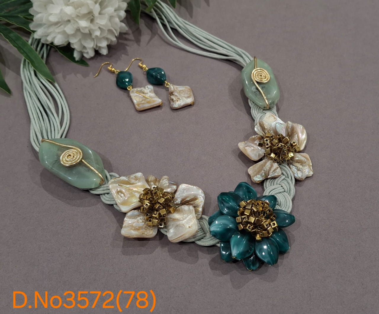 Handcrafted Floral Gemstone Statement Necklace Set with Shell & Resin Accents