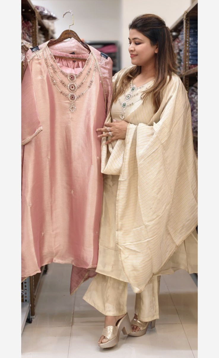 Elegant Classic Shiny Jewel Look Hand-Embellished Neckline Tissue A-Line Full Suit Set With Dupatta- 14935