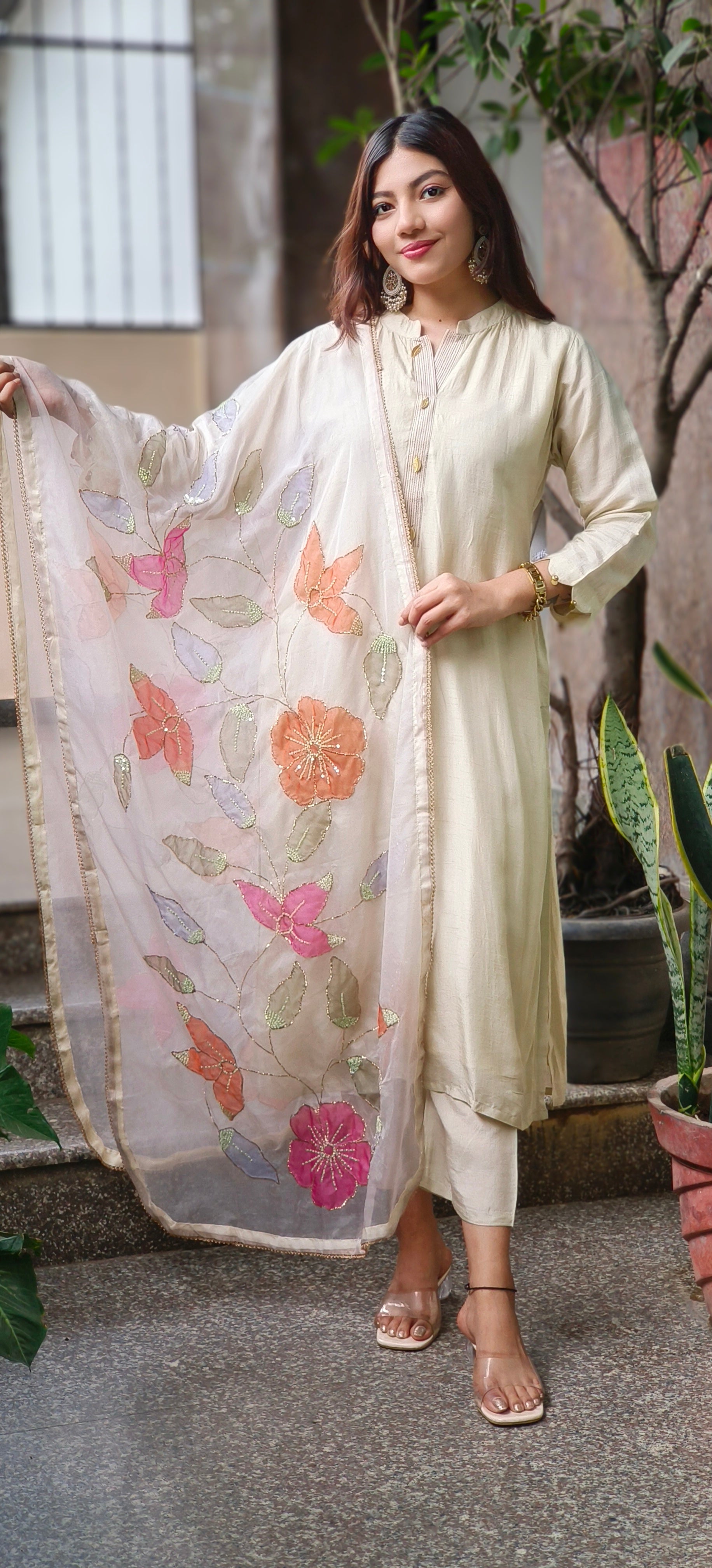 Royal Straight-Cut Silk Kurta Set with Floral Embroidered Organza Dupatta and Subtle Neckline Detailing