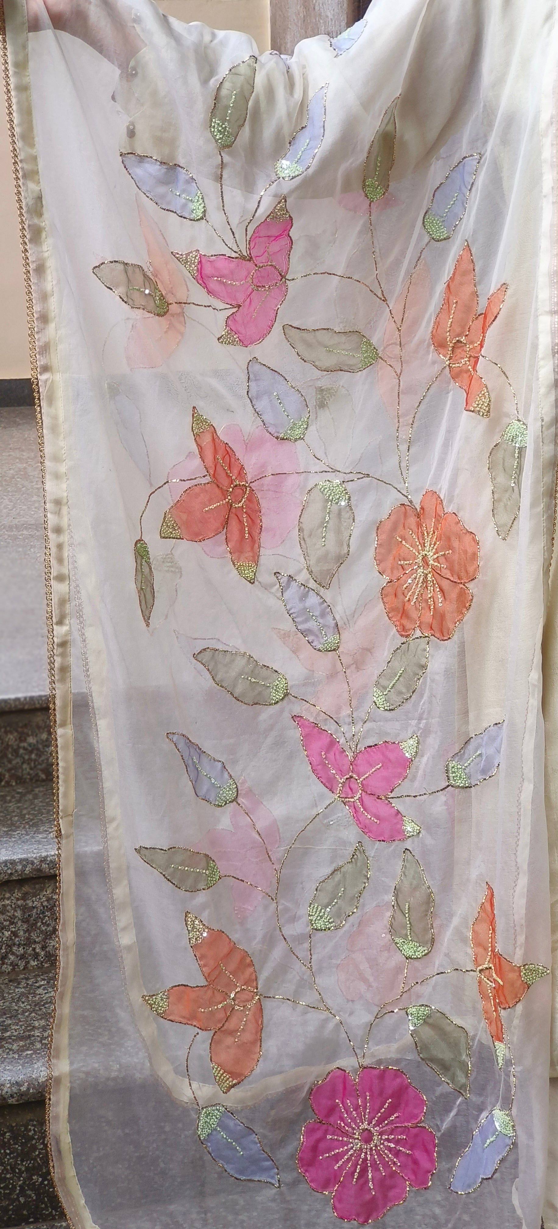 Royal Straight-Cut Silk Kurta Set with Floral Embroidered Organza Dupatta and Subtle Neckline Detailing