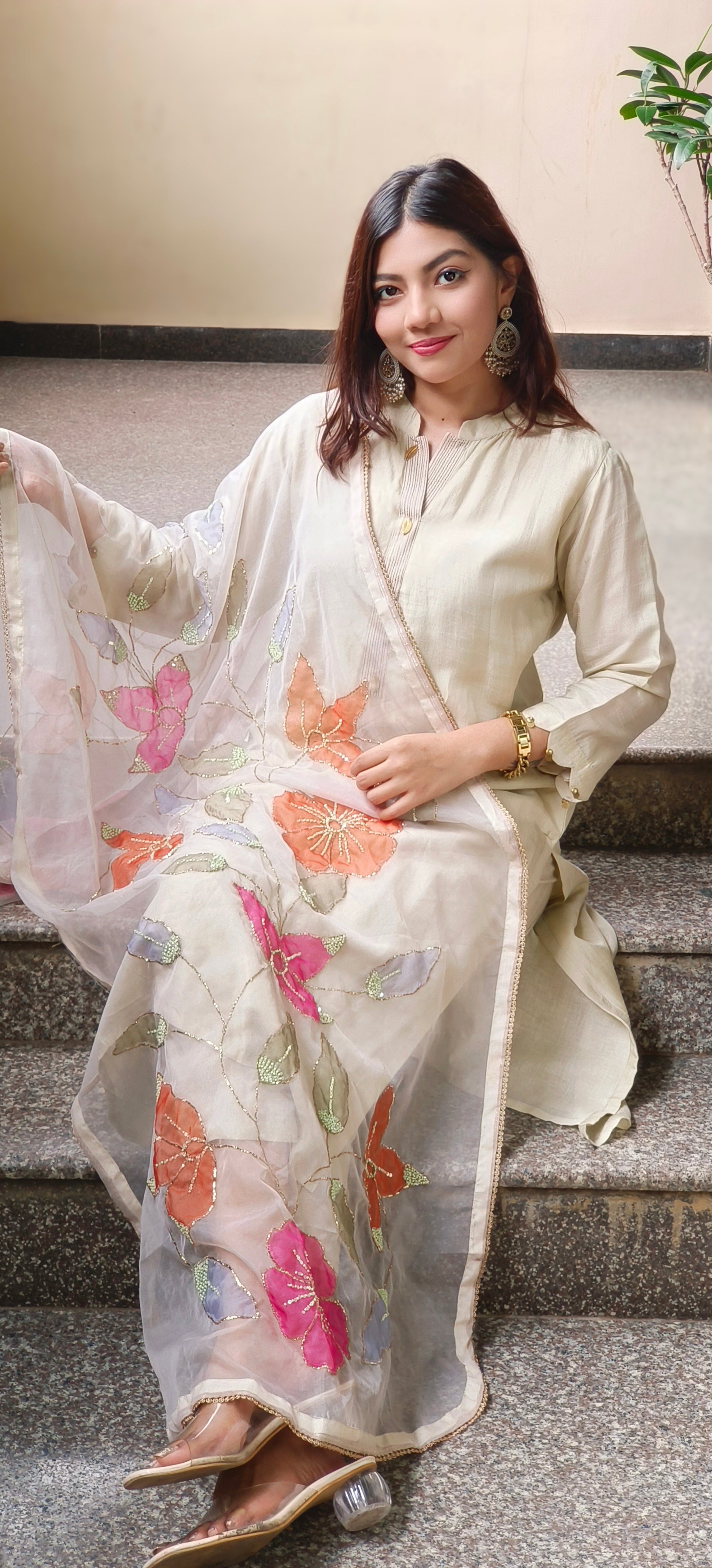 Royal Straight-Cut Silk Kurta Set with Floral Embroidered Organza Dupatta and Subtle Neckline Detailing