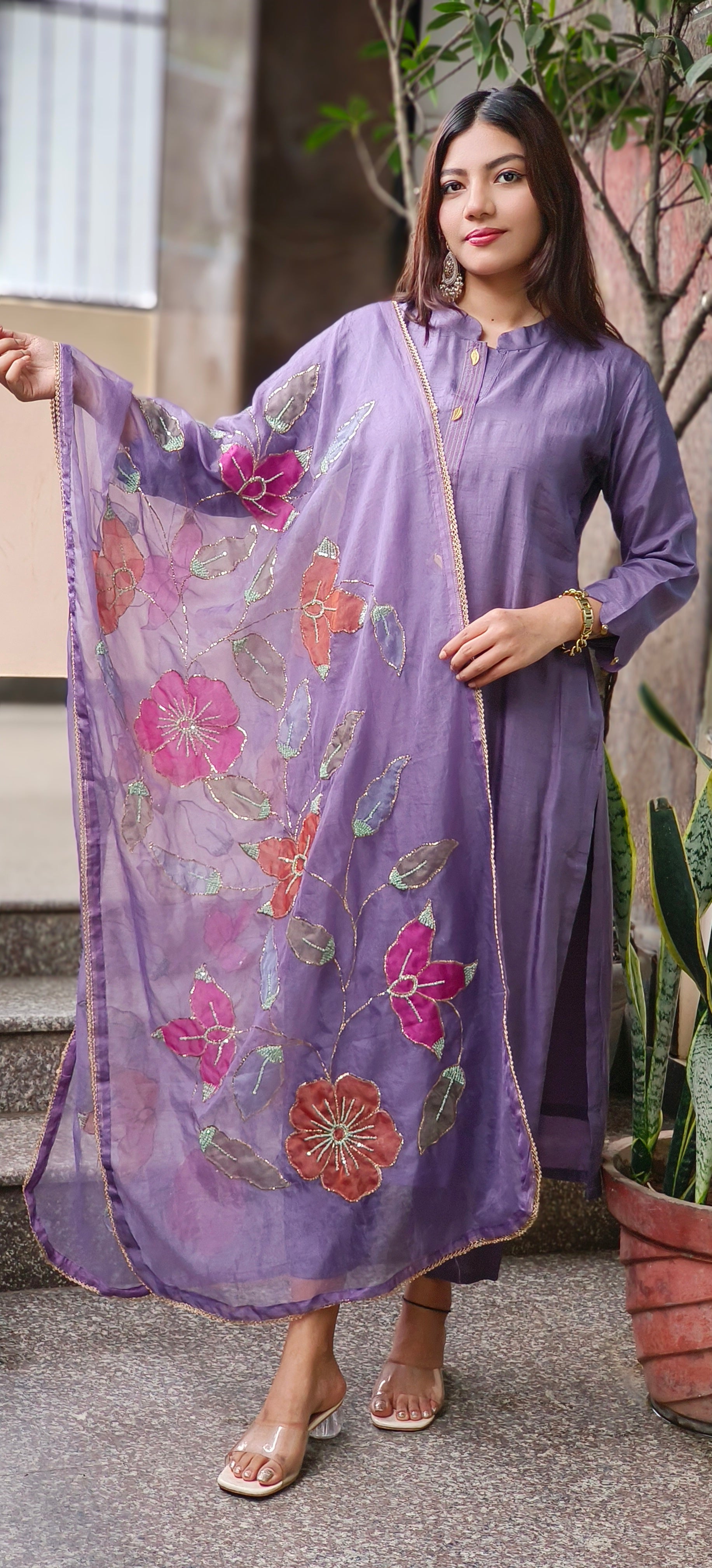 Royal Straight-Cut Silk Kurta Set with Floral Embroidered Organza Dupatta and Subtle Neckline Detailing