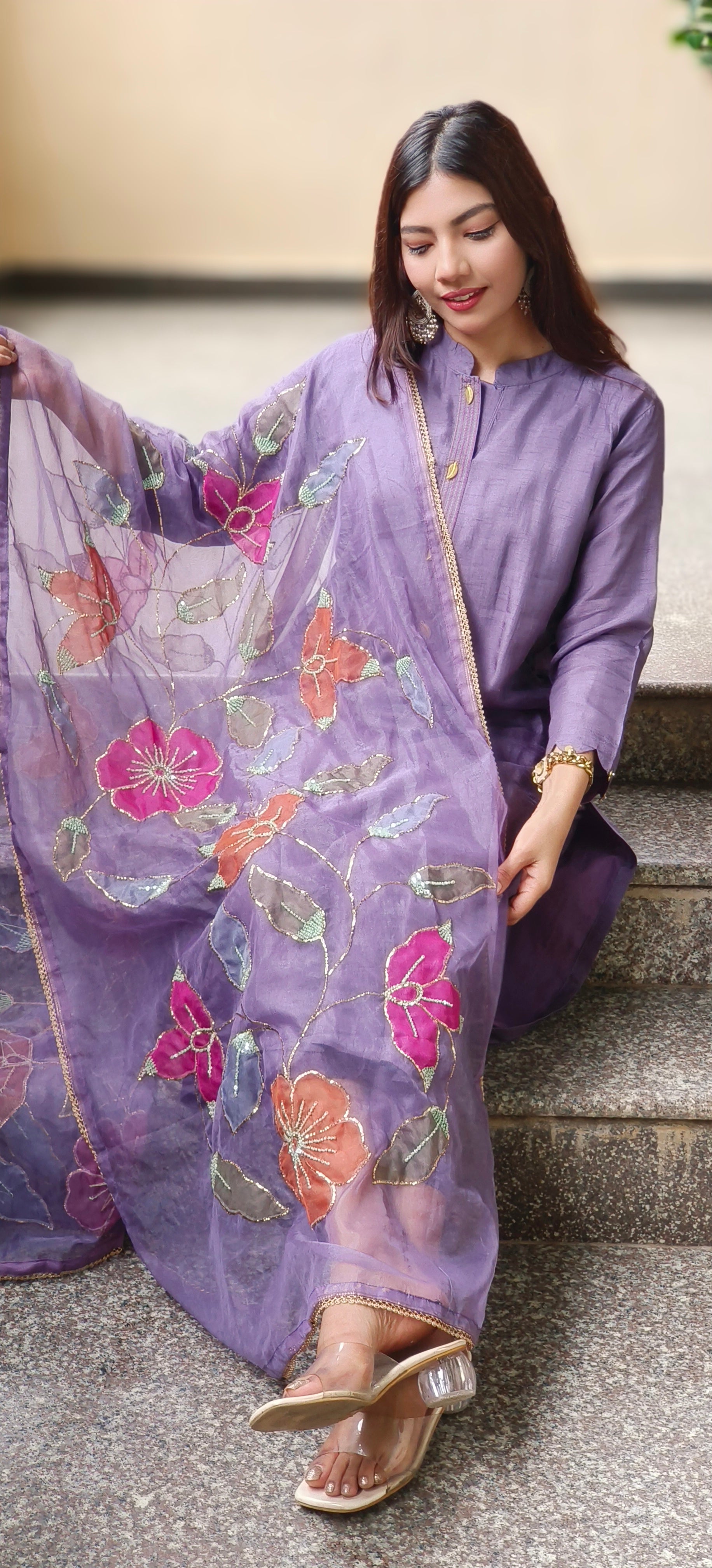 Royal Straight-Cut Silk Kurta Set with Floral Embroidered Organza Dupatta and Subtle Neckline Detailing