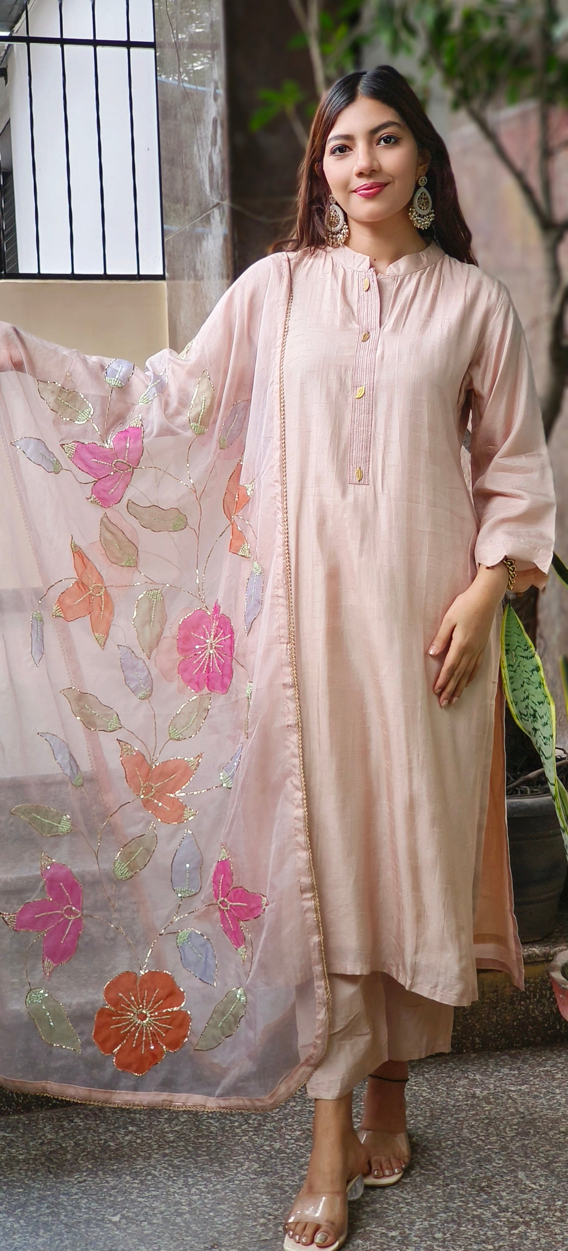 Royal Straight-Cut Silk Kurta Set with Floral Embroidered Organza Dupatta and Subtle Neckline Detailing