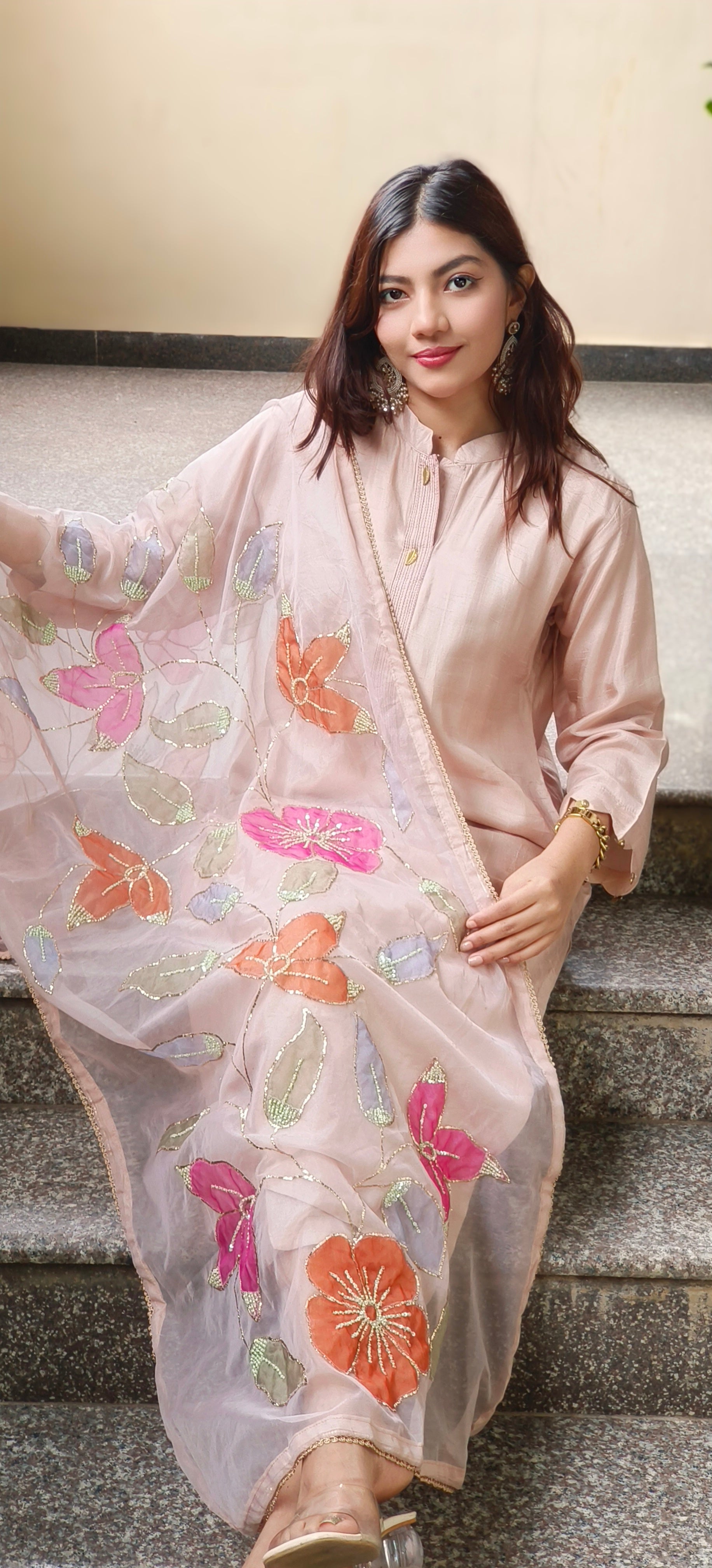 Royal Straight-Cut Silk Kurta Set with Floral Embroidered Organza Dupatta and Subtle Neckline Detailing