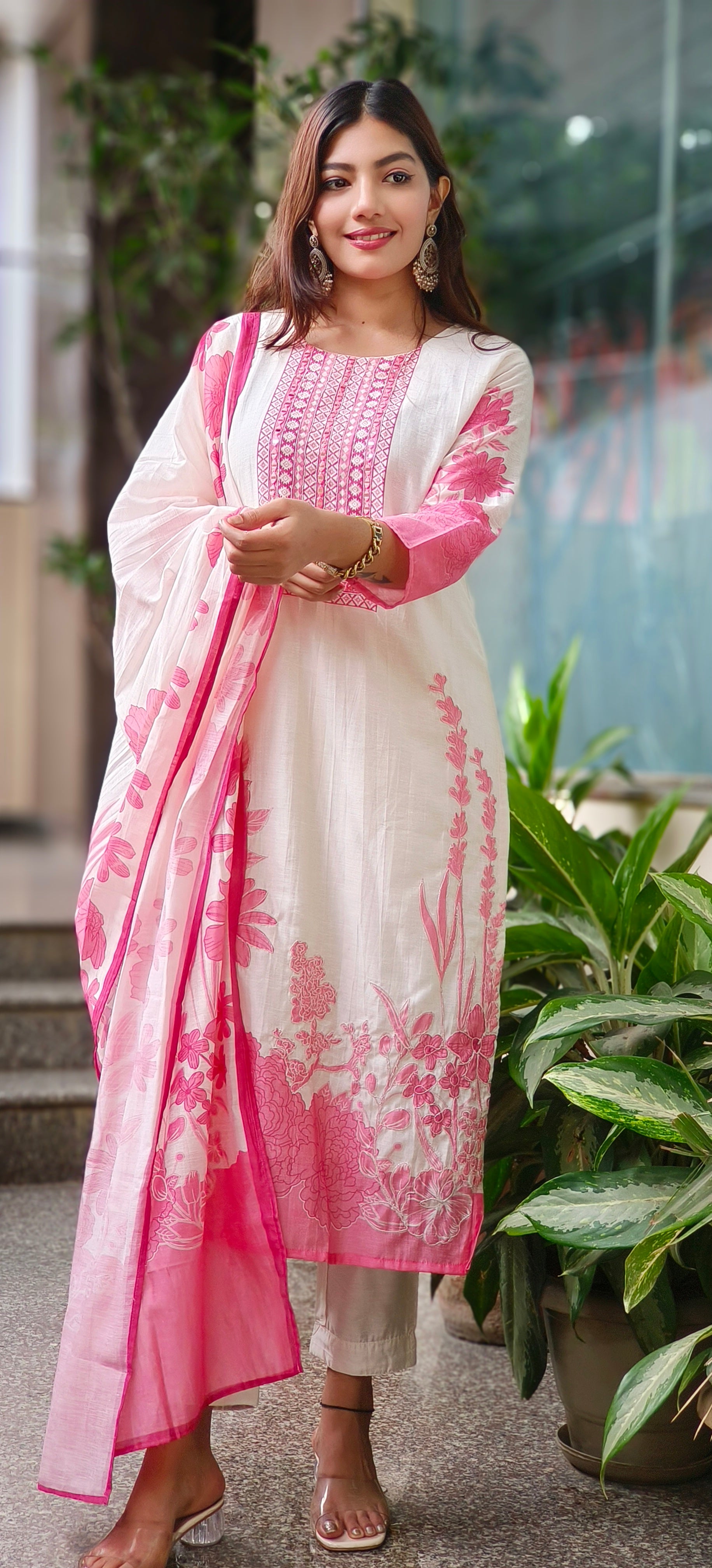 Graceful Cream & Pink Floral Embroidered Modal Muslin Kurta Set with Printed Dupatta & Subtle Detailing