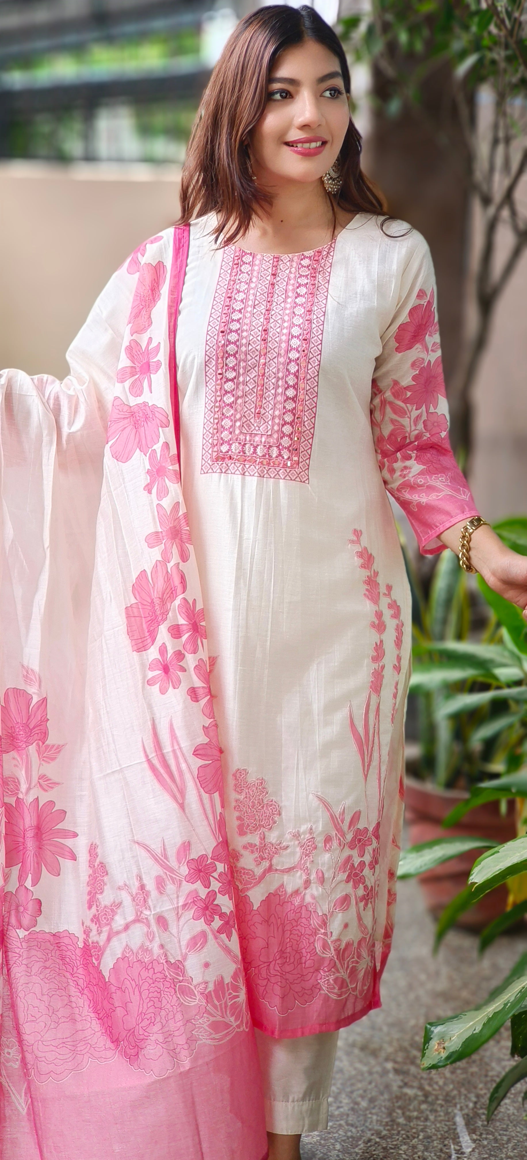 Graceful Cream & Pink Floral Embroidered Modal Muslin Kurta Set with Printed Dupatta & Subtle Detailing
