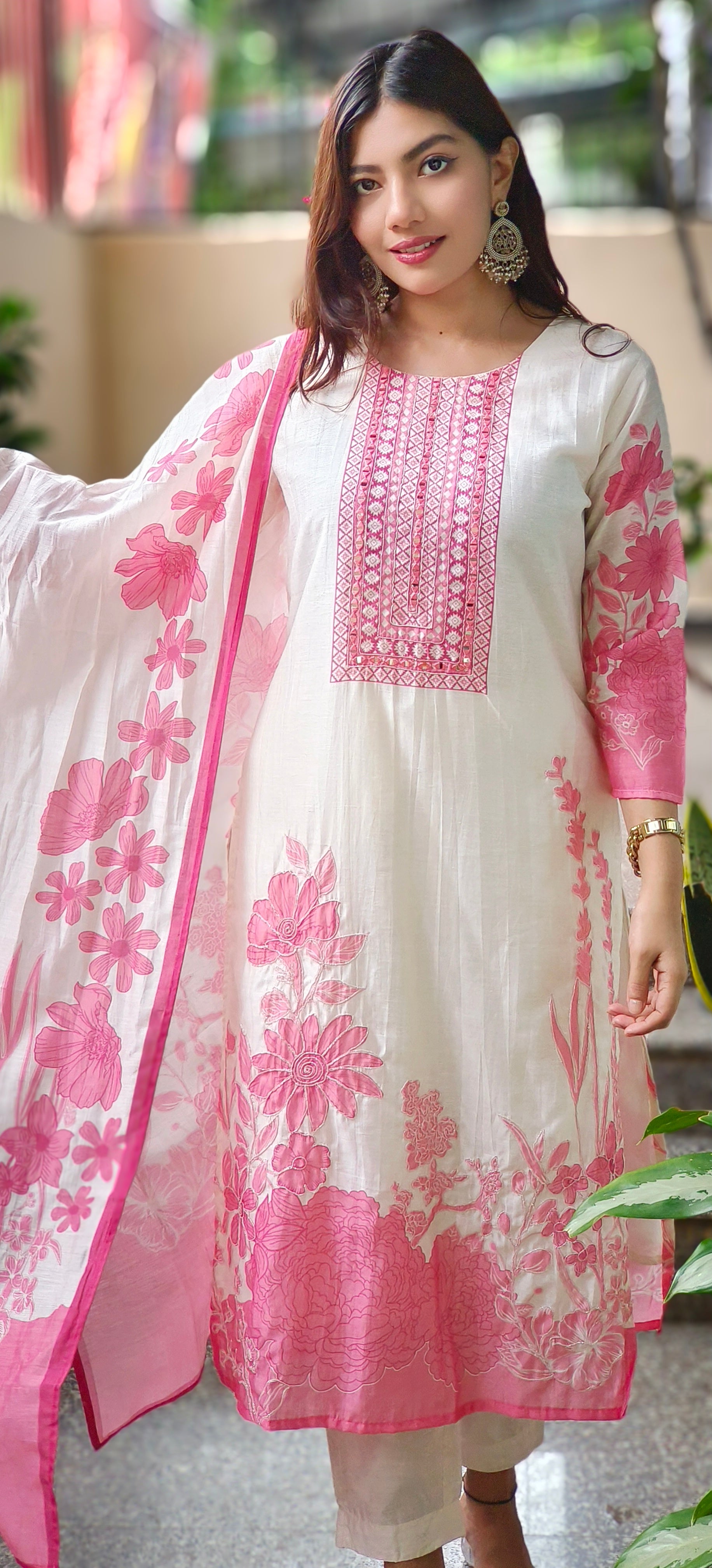 Graceful Cream & Pink Floral Embroidered Modal Muslin Kurta Set with Printed Dupatta & Subtle Detailing