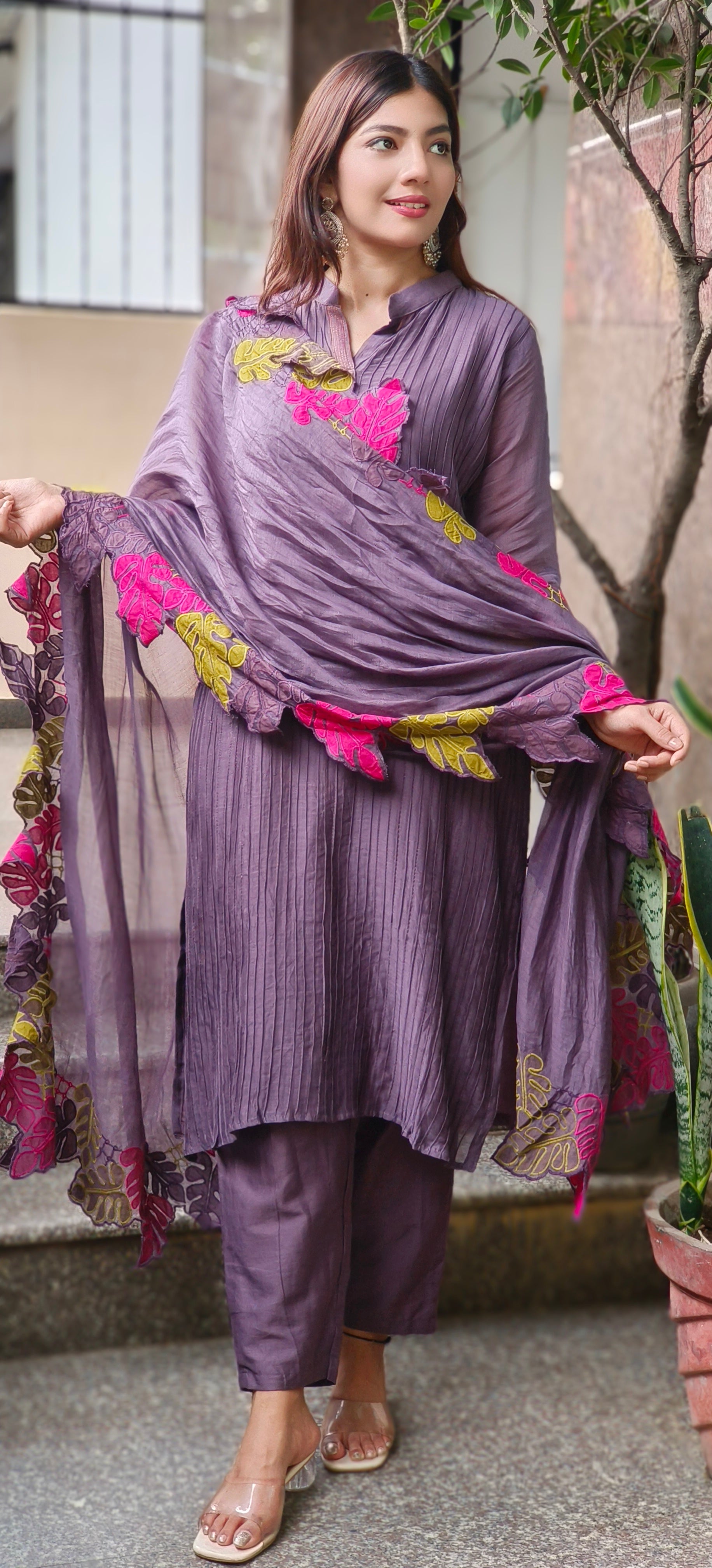 Mulchanderi Straight Kurta Set with Fine Pintuck Detailing and Contrast Leaf Cut Work Dupatta