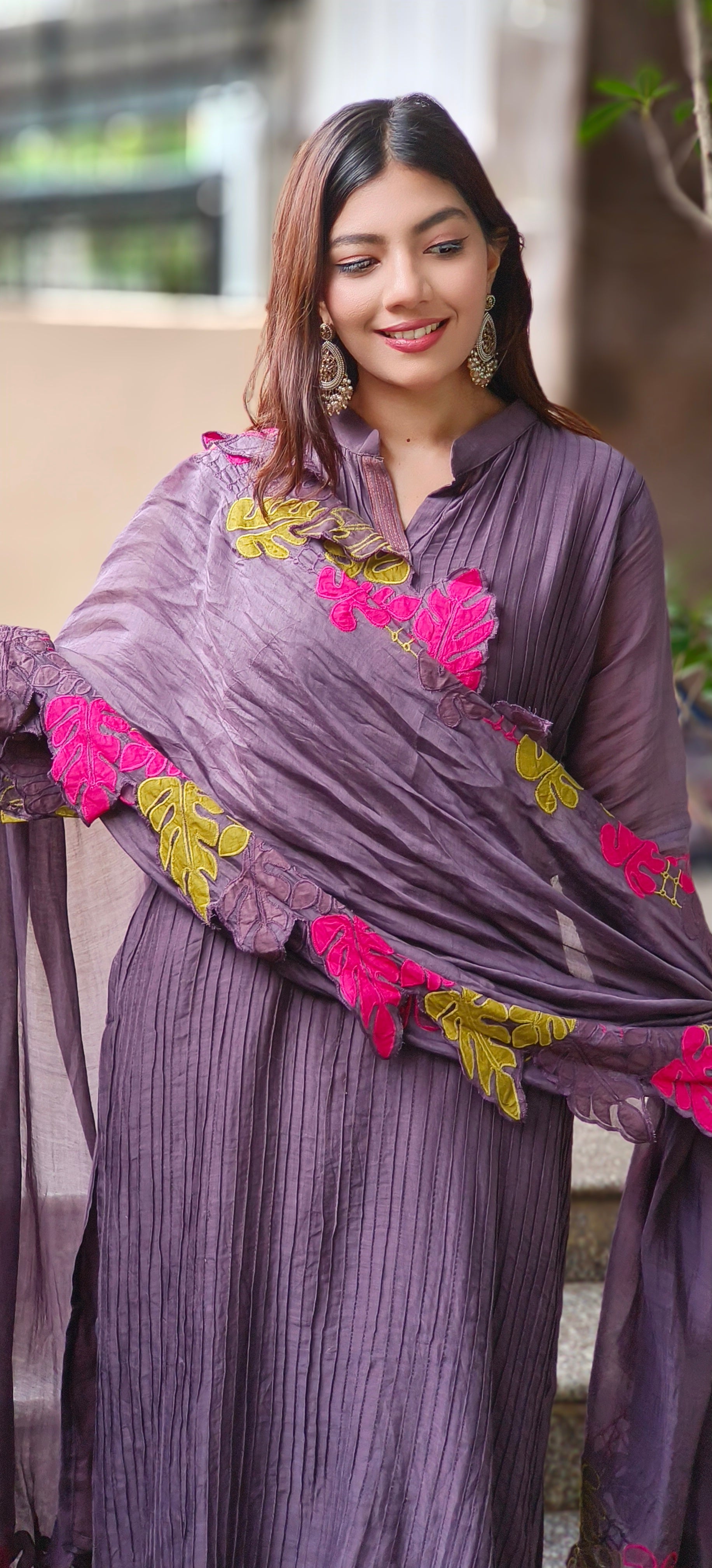 Mulchanderi Straight Kurta Set with Fine Pintuck Detailing and Contrast Leaf Cut Work Dupatta