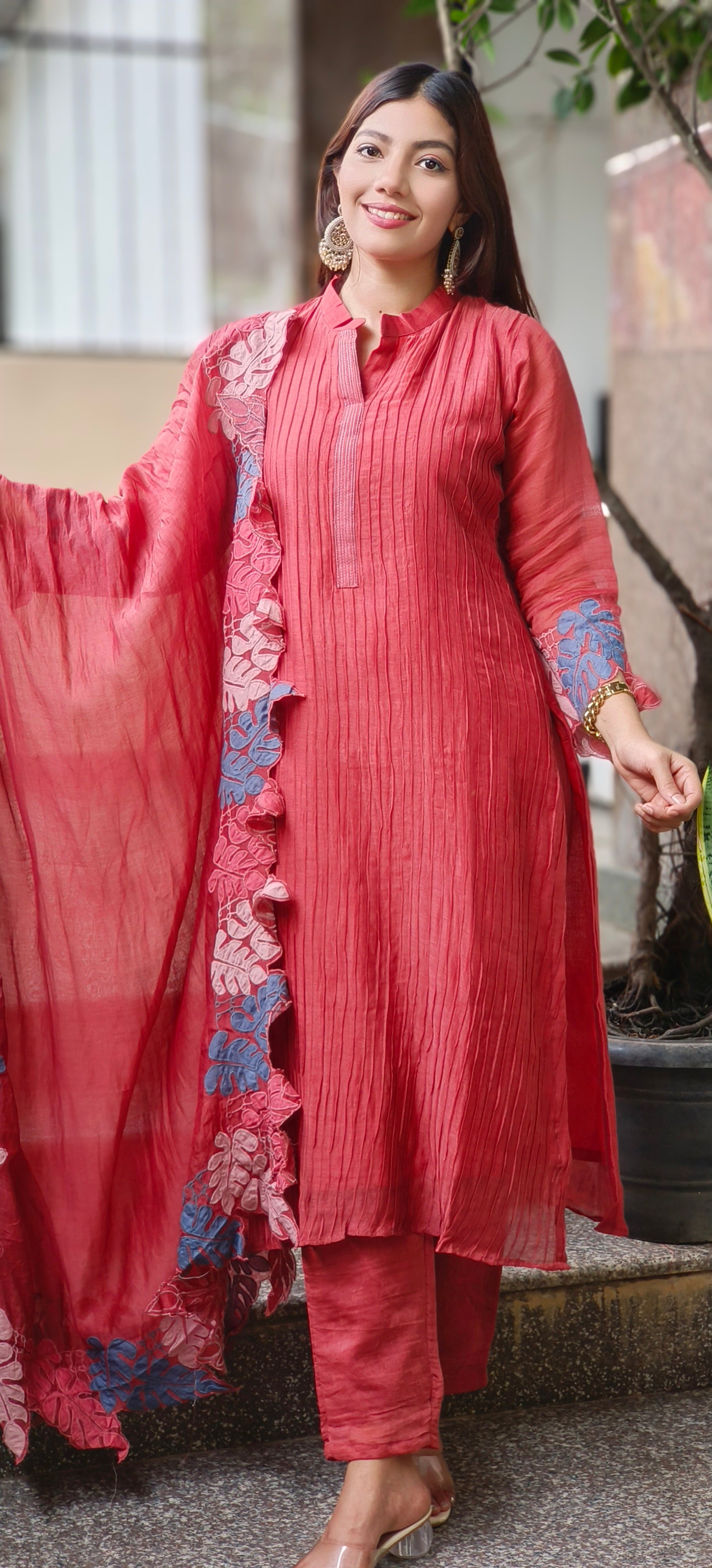 Mulchanderi Straight Kurta Set with Fine Pintuck Detailing and Contrast Leaf Cut Work Dupatta