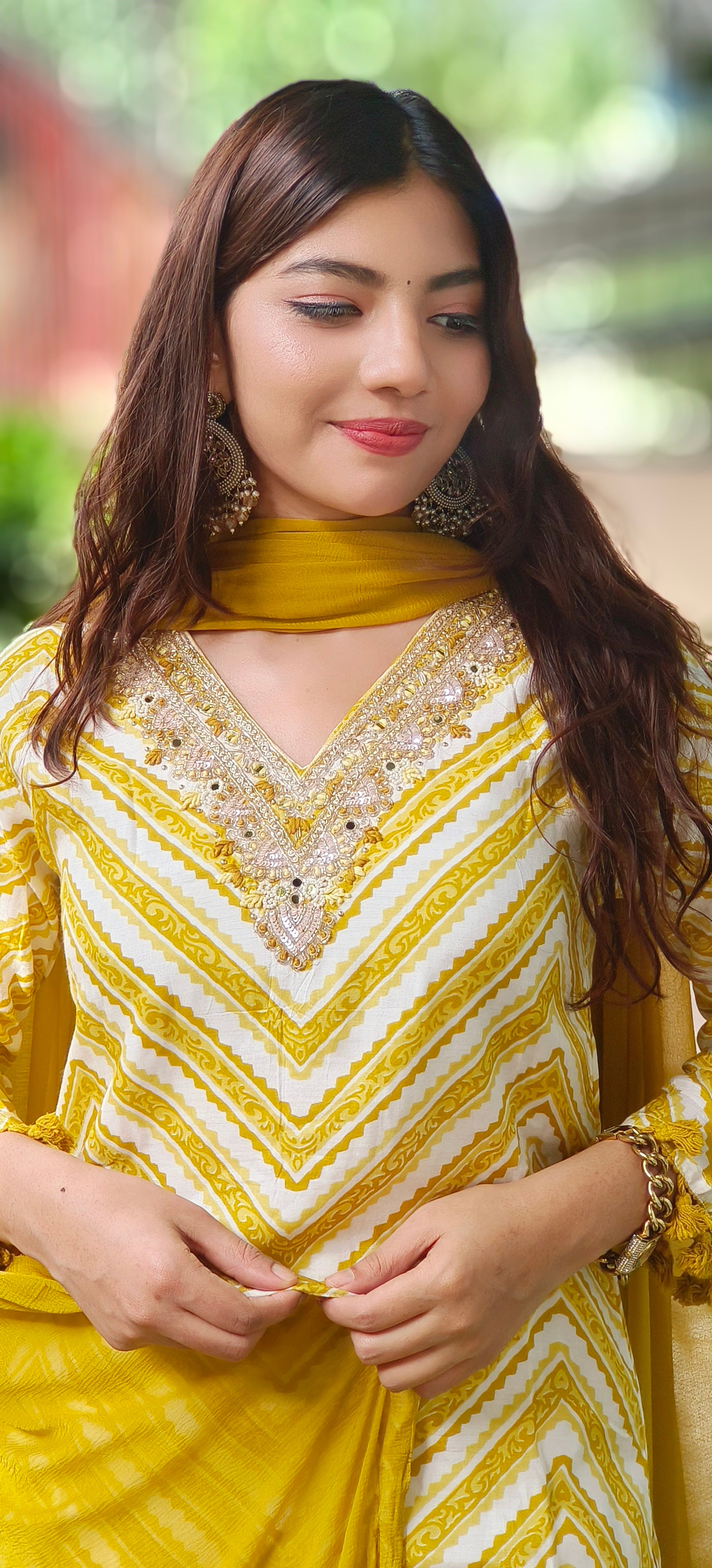 Elegant Lehriya Muslin Hi low Style Kurta Full Set with Handwork Detailing Tassel Accents