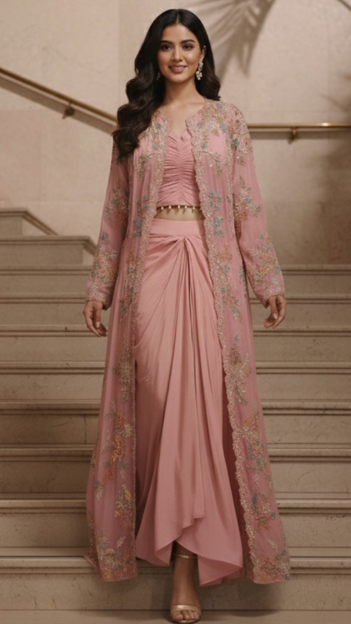 Elegant Floral Thread Embroidered Transparent Cape With Stylish Buster & Drape Skirt- 11735