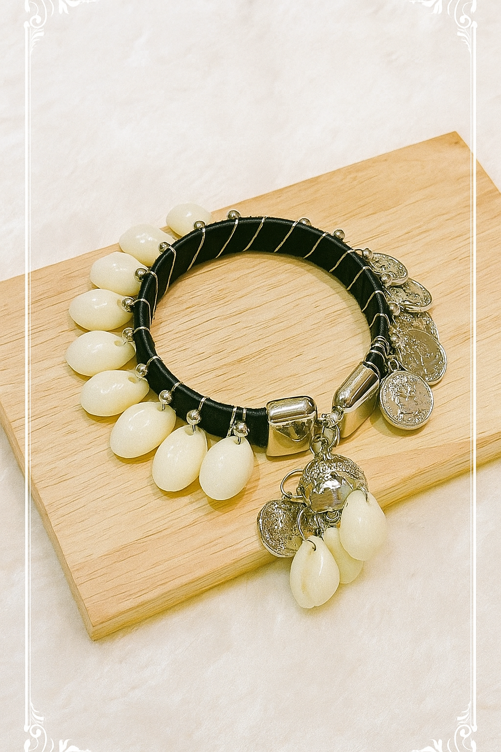 Black Thread Tribal Kada with White Beads & Antique Silver Coin Charms