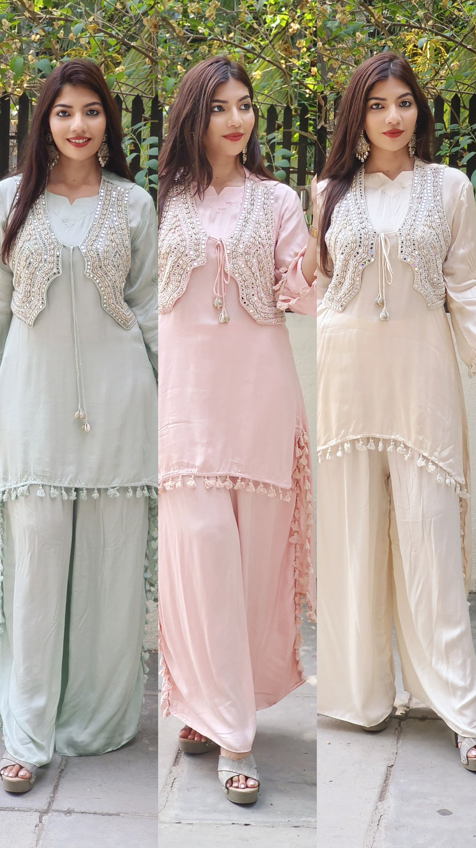 Ethereal Elegance in Pastels β Organza Fabric Mirror Work High-Low Kurta Set with Handcrafted Boho Jacket 9314,09316,09315