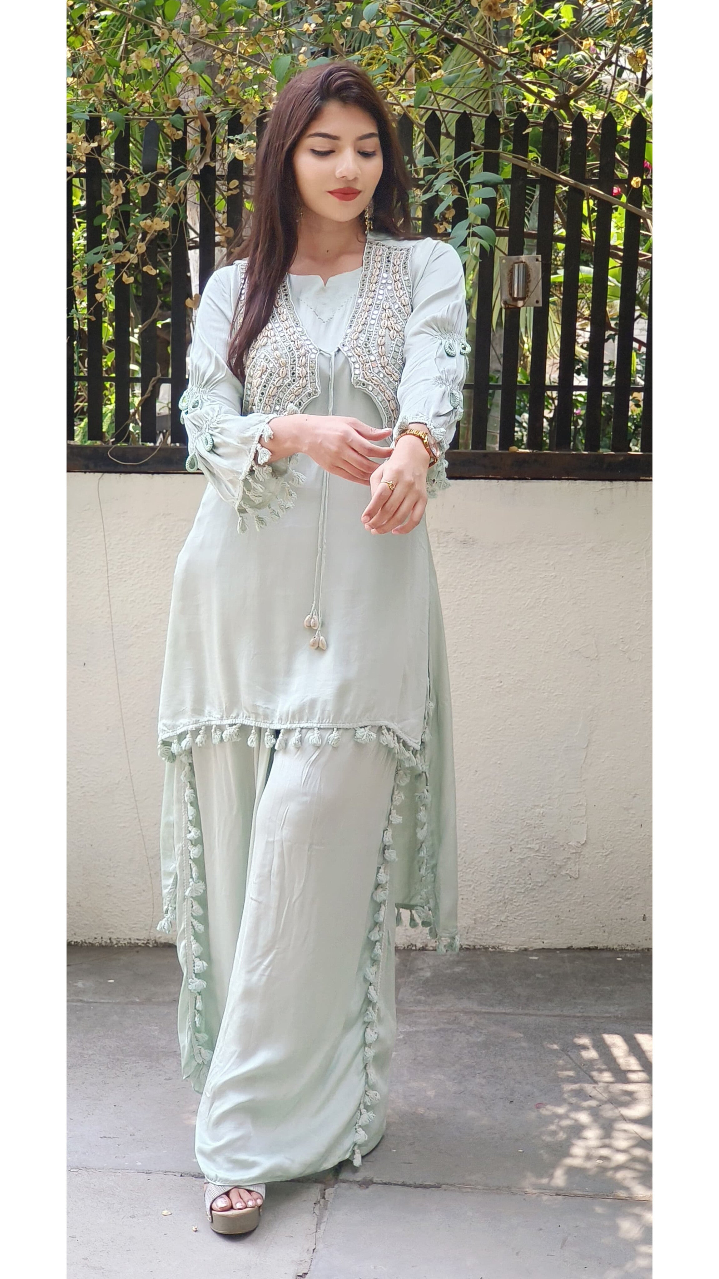Ethereal Elegance in Pastels β Organza Fabric Mirror Work High-Low Kurta Set with Handcrafted Boho Jacket 9314,09316,09315