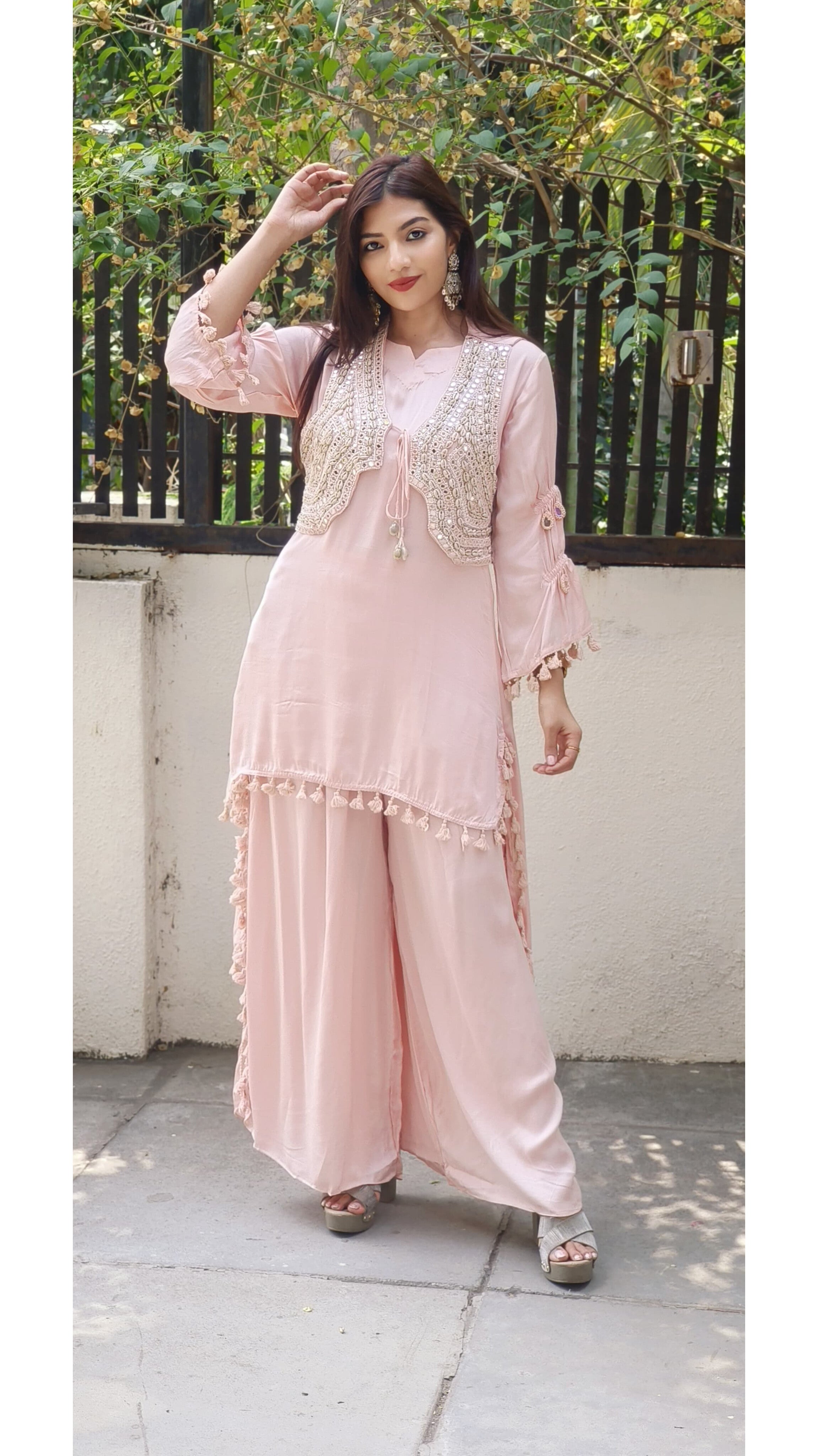 Ethereal Elegance in Pastels β Organza Fabric Mirror Work High-Low Kurta Set with Handcrafted Boho Jacket 9314,09316,09315