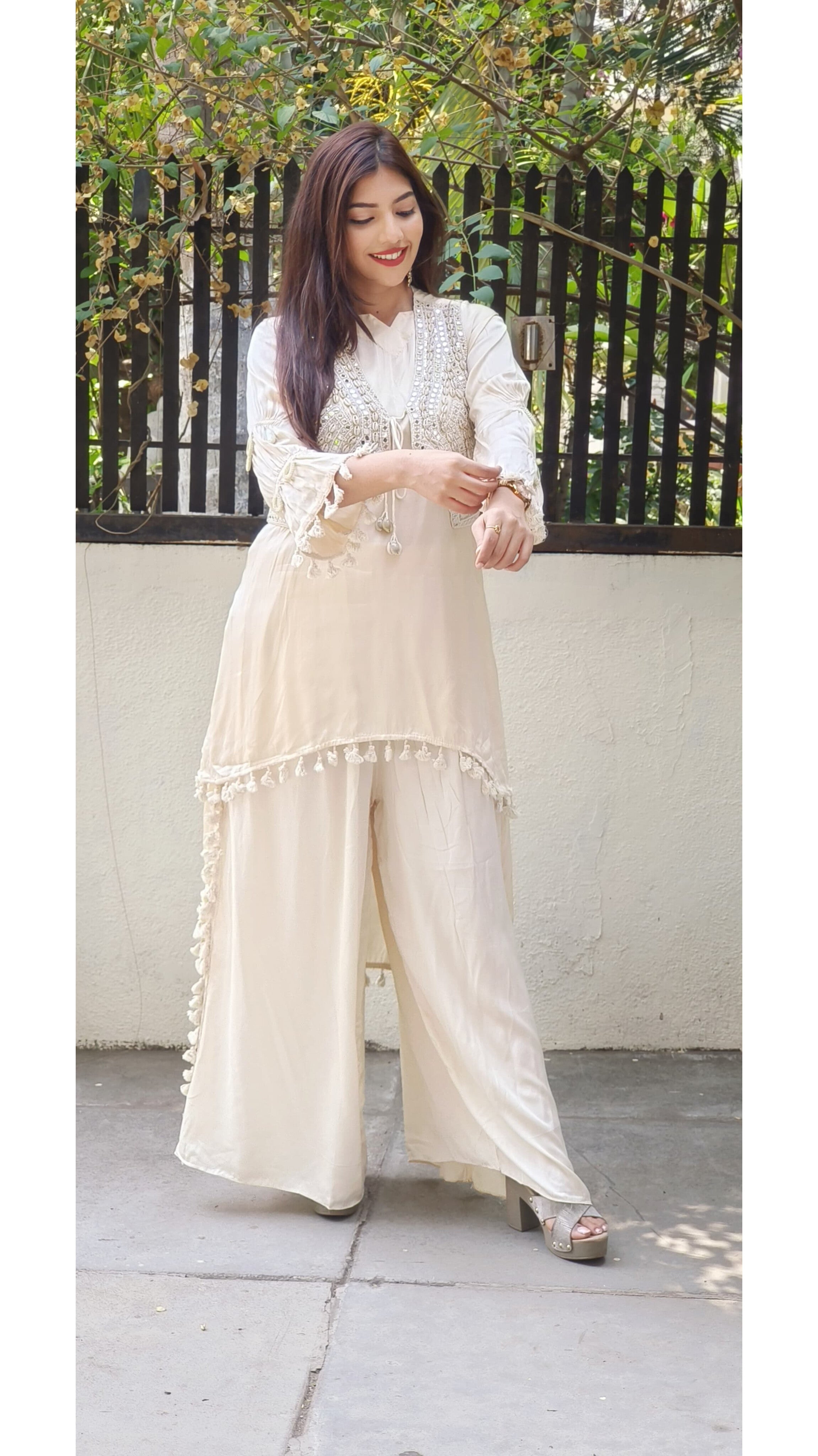 Ethereal Elegance in Pastels β Organza Fabric Mirror Work High-Low Kurta Set with Handcrafted Boho Jacket 9314,09316,09315