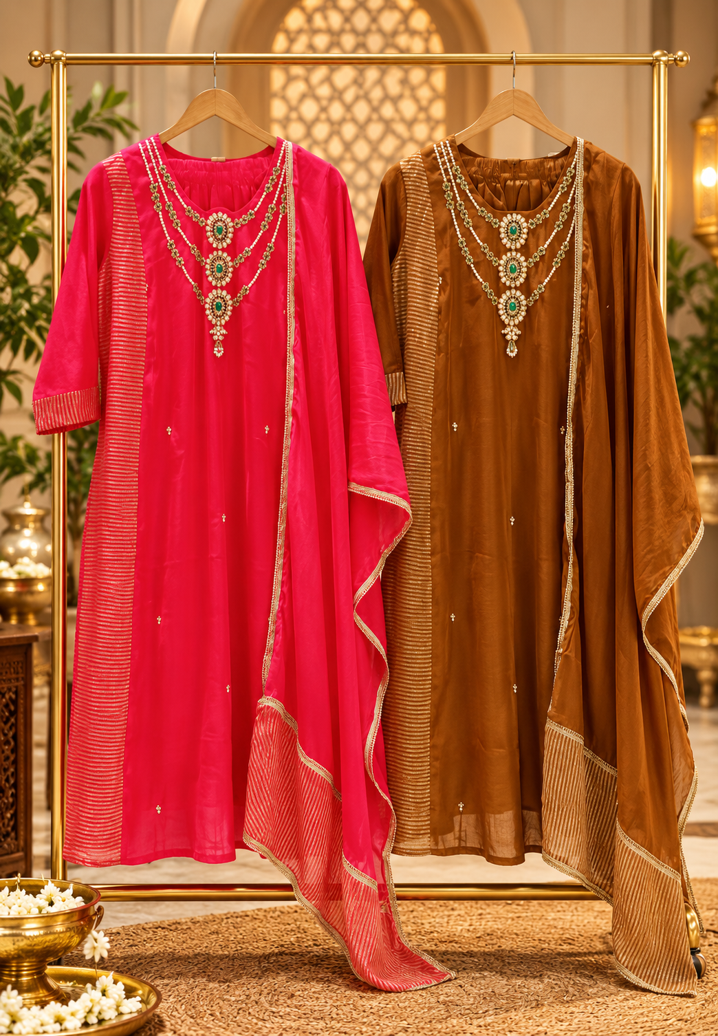 Jewel Stone Yoke A-Line Surat Mul-Chanderi Golden Stripes Full Suit Set With Dupatta- 16856