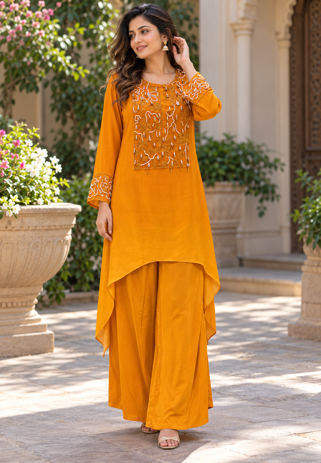 Cut-Dana Sequence Taselled Rich Yoke Flowy Crepe High-Low Matching Indo Co-Ord Set- 16931