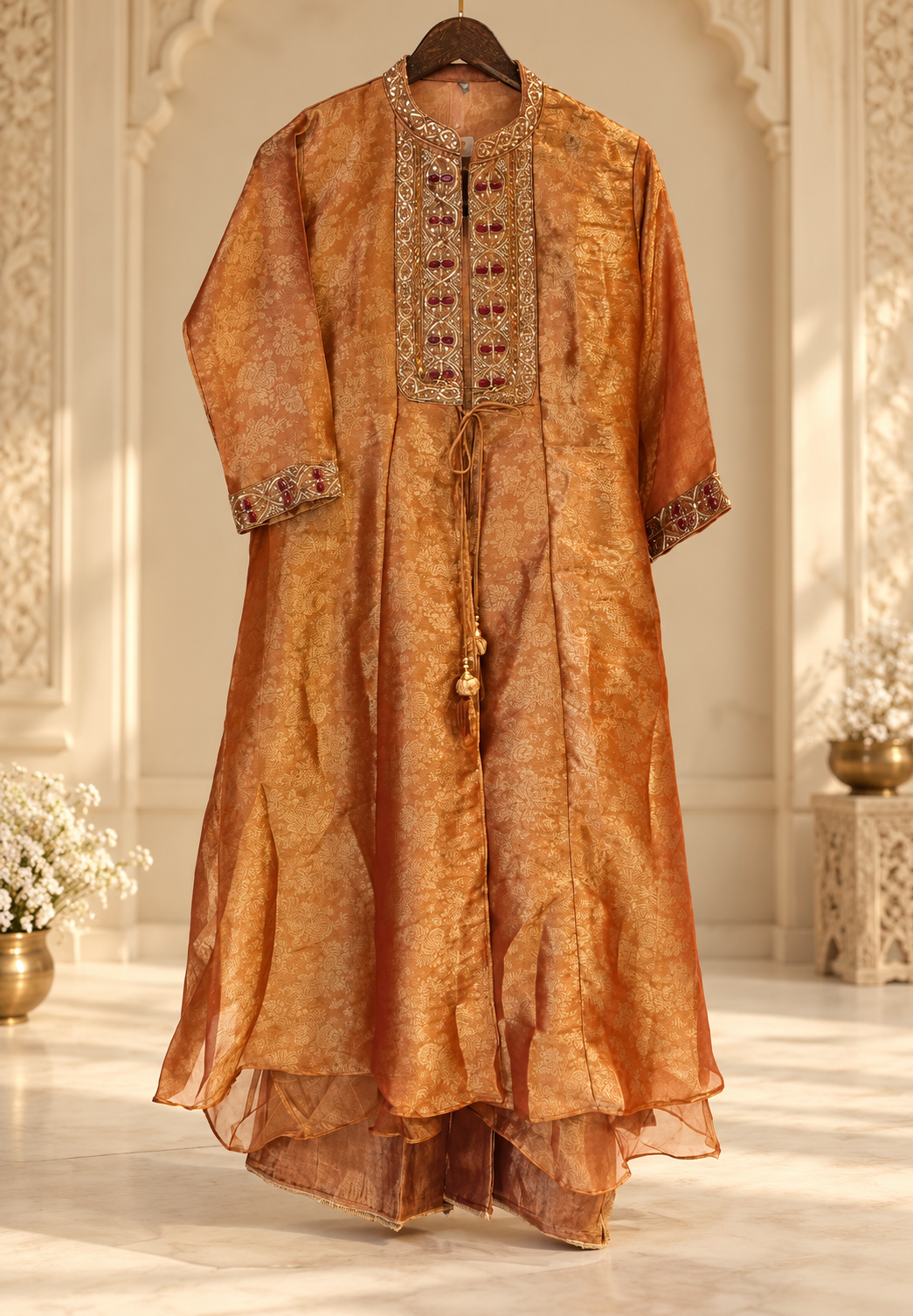 Copper-Gold Embellished Neckline & Cuff Sheer Layered Tissue Kurta Pant Set- 16742