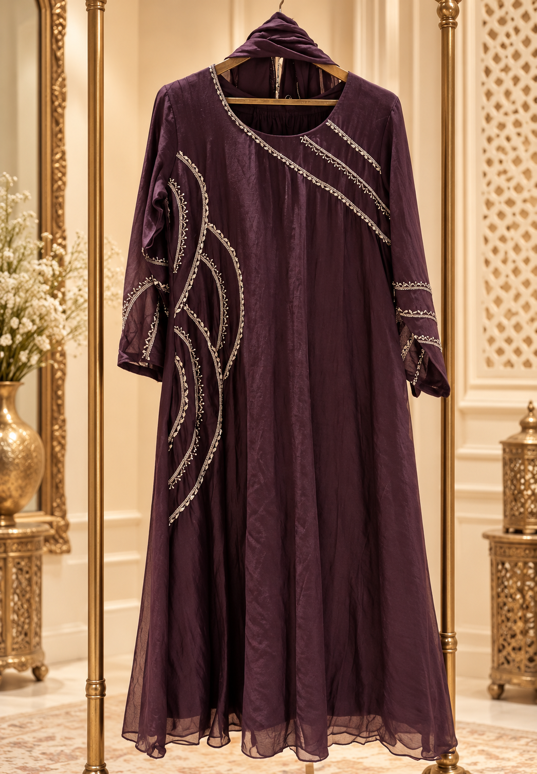Dabka Assymmetric Embroidery Work Solid A-Line Banarasi Mul-Chanderi Full Suit Set With Dupatta- 16301