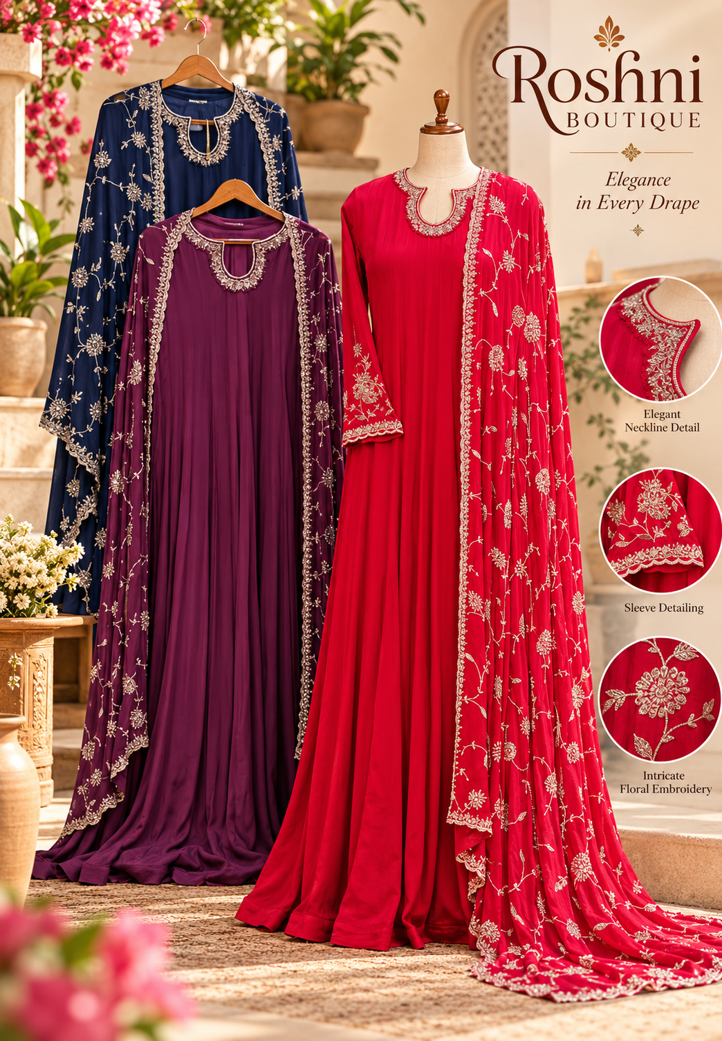Chinon Anarkali Suit Floor Length with Heavy Golden Embroidered Dupatta, Intricate cutdana Work on Neck 16917