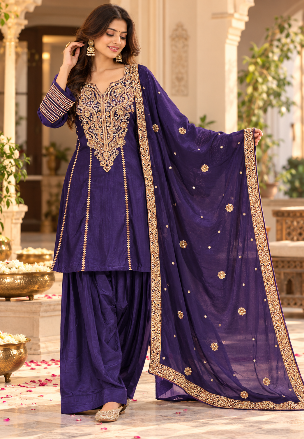 Silk Short Kurta Set with Heavy Embroidered Yoke Premium Festive Wear Farshi Bottom Full Set- 16822