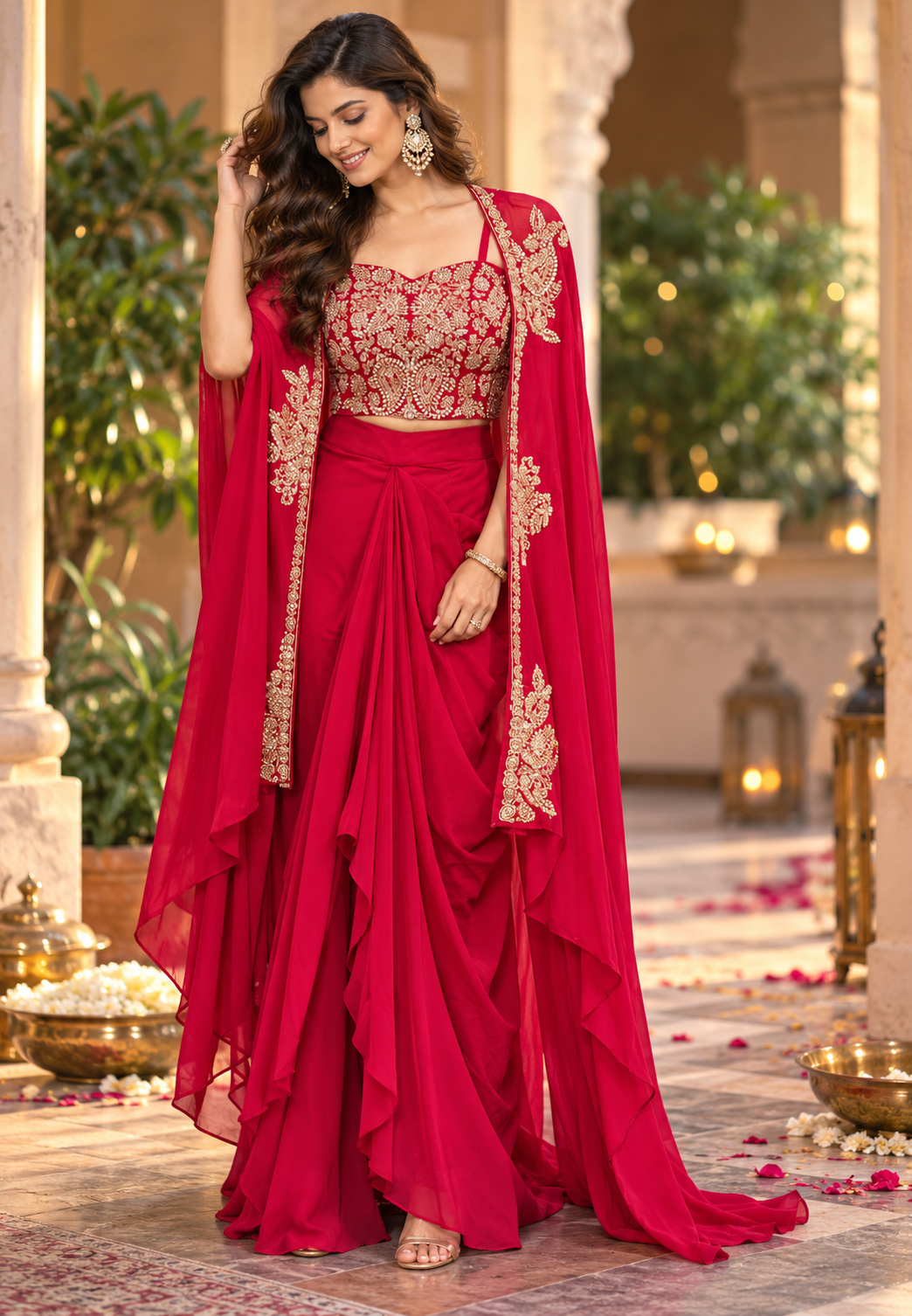 Luxury Chinon 3-Piece indowestern Heavy Embroidery,Crop Top with Dhoti & Flowing Cape 16826