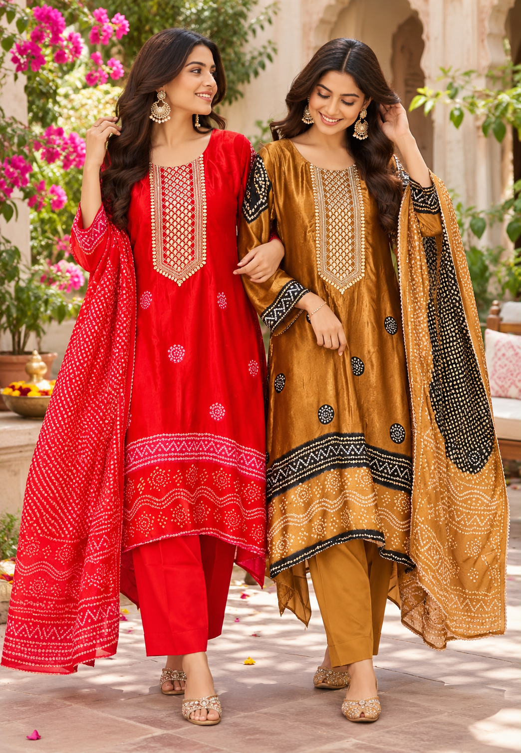 Pure Gajji Silk Bandhani Print Embroidered Neck Full Suit With Gajji Silk Dupatta and Bottom- 16685
