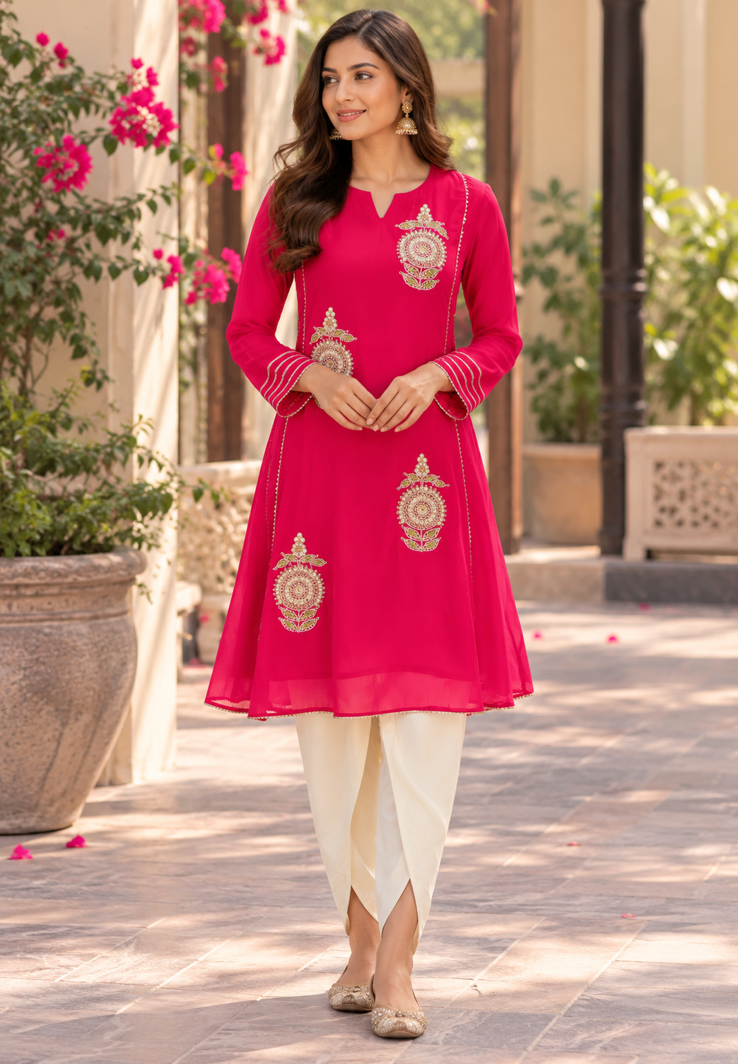 Pure Mulchanderi Scattered Embroidered A-line Short Length Kurta with Tulip Bottom- 16930