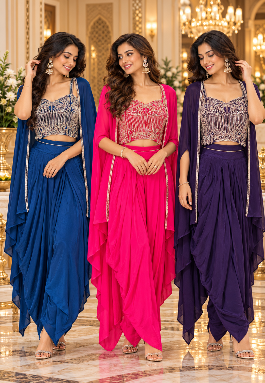 Designer Embroidered Crop Top with Dhoti Pants & Flowing Cape Set-16751