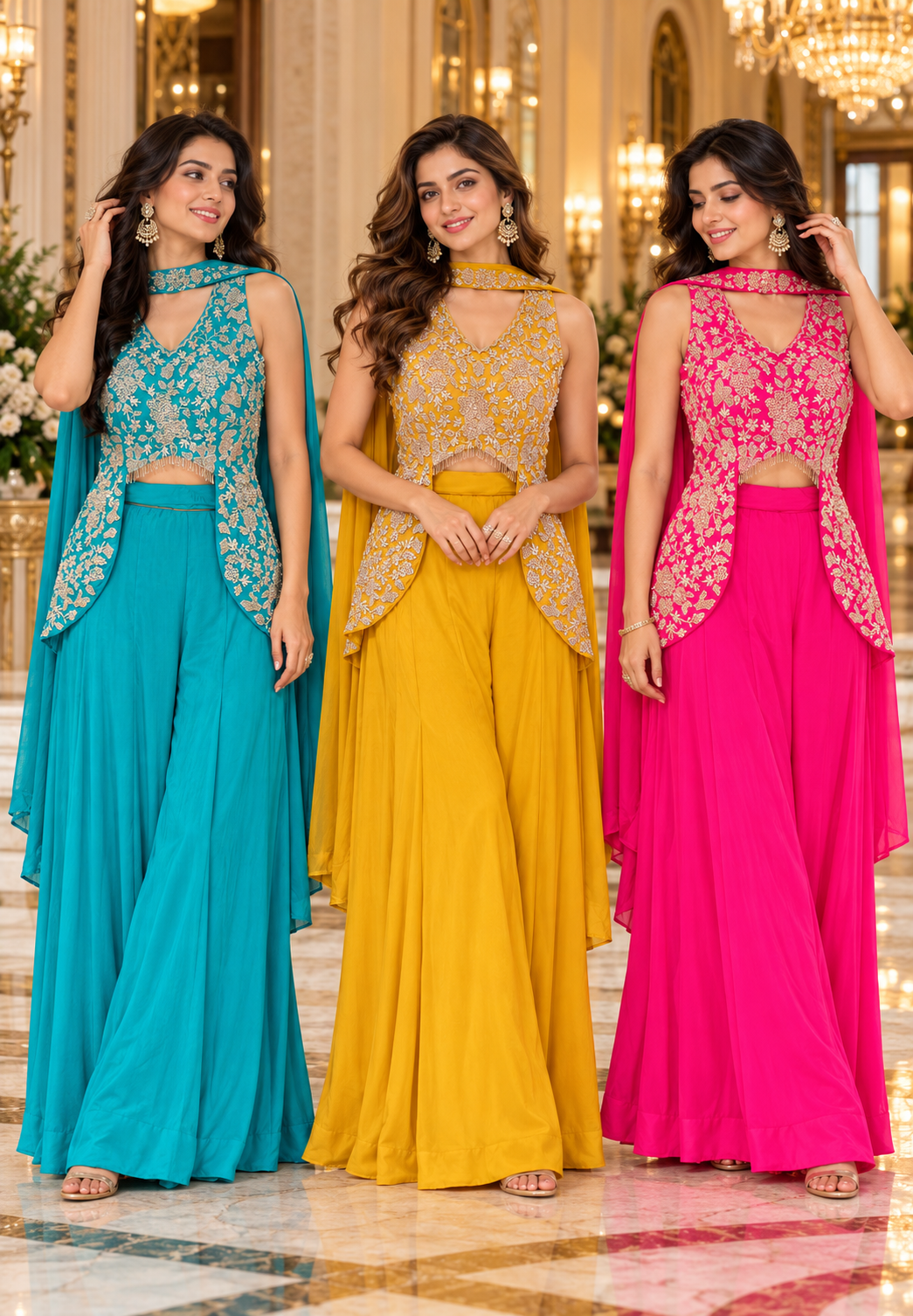 Embroidered Designer Sleeveless Crop Top And Chowker Dupatta with Palazzo Set 16750