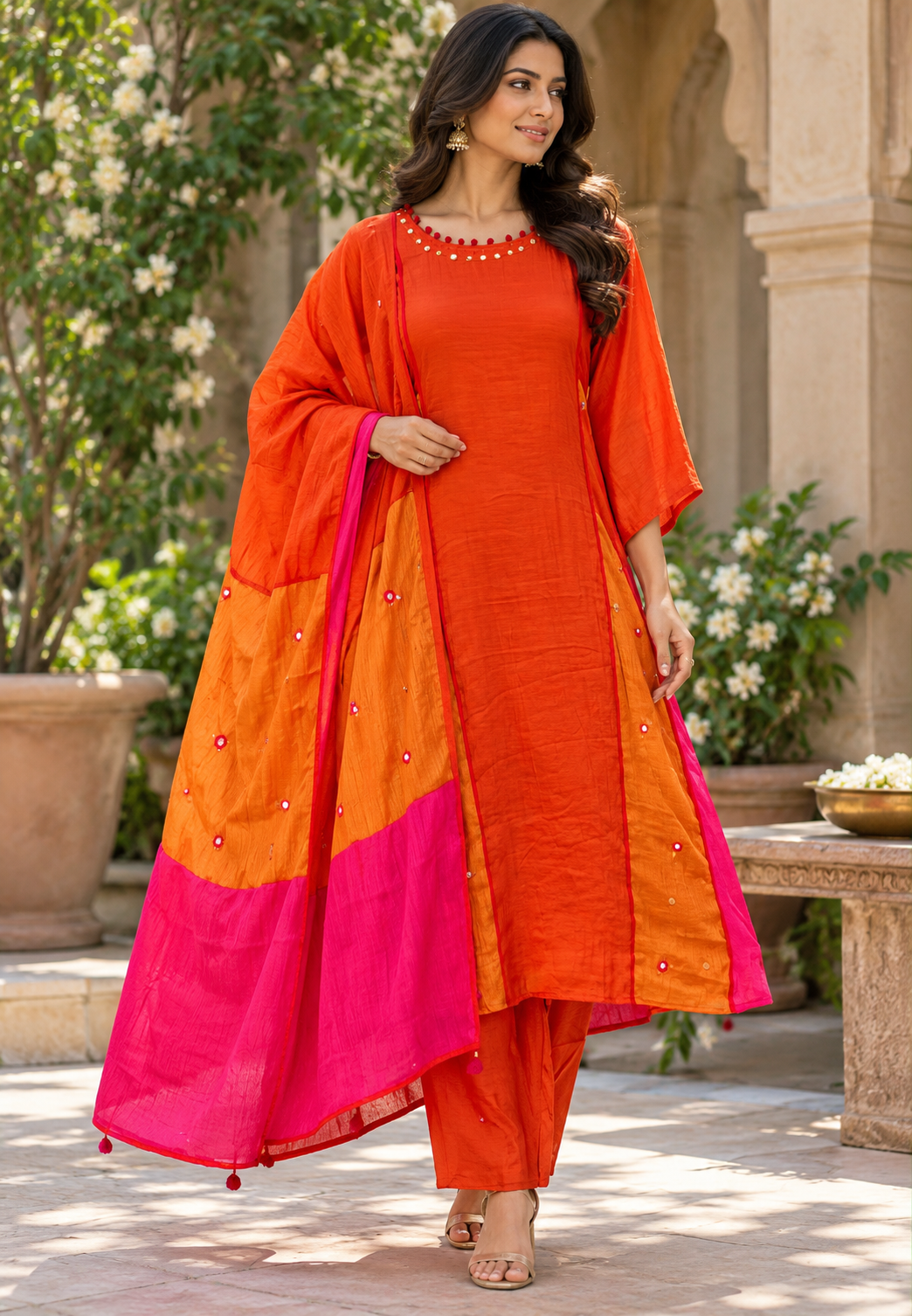 Pure Banarasi Mul-Chanderi Side Panels A-Line Orangish Full Suit Set With Dupatta- 16890