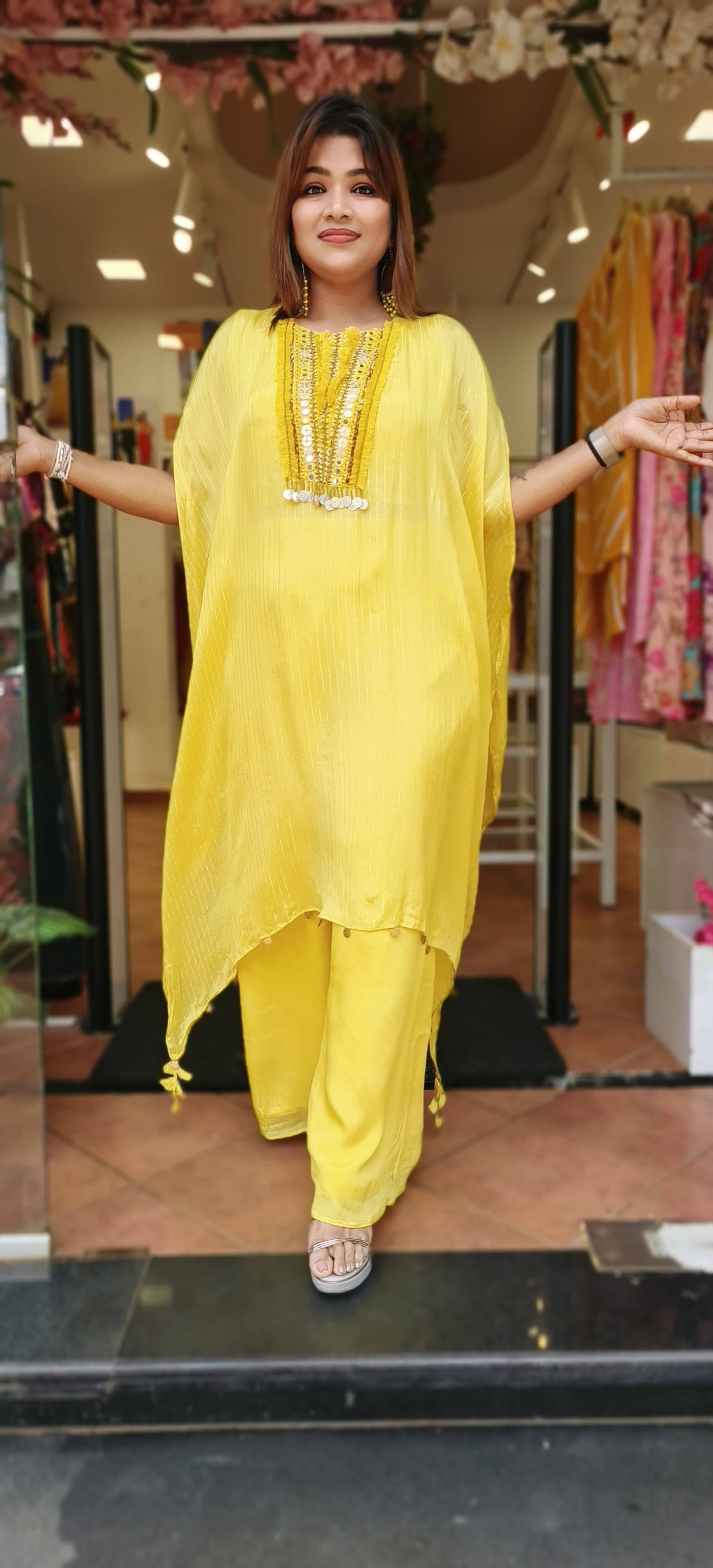 Cape Style emblishment kaftan with pads and palazzo pant (set of 2)DRYWASH-05299