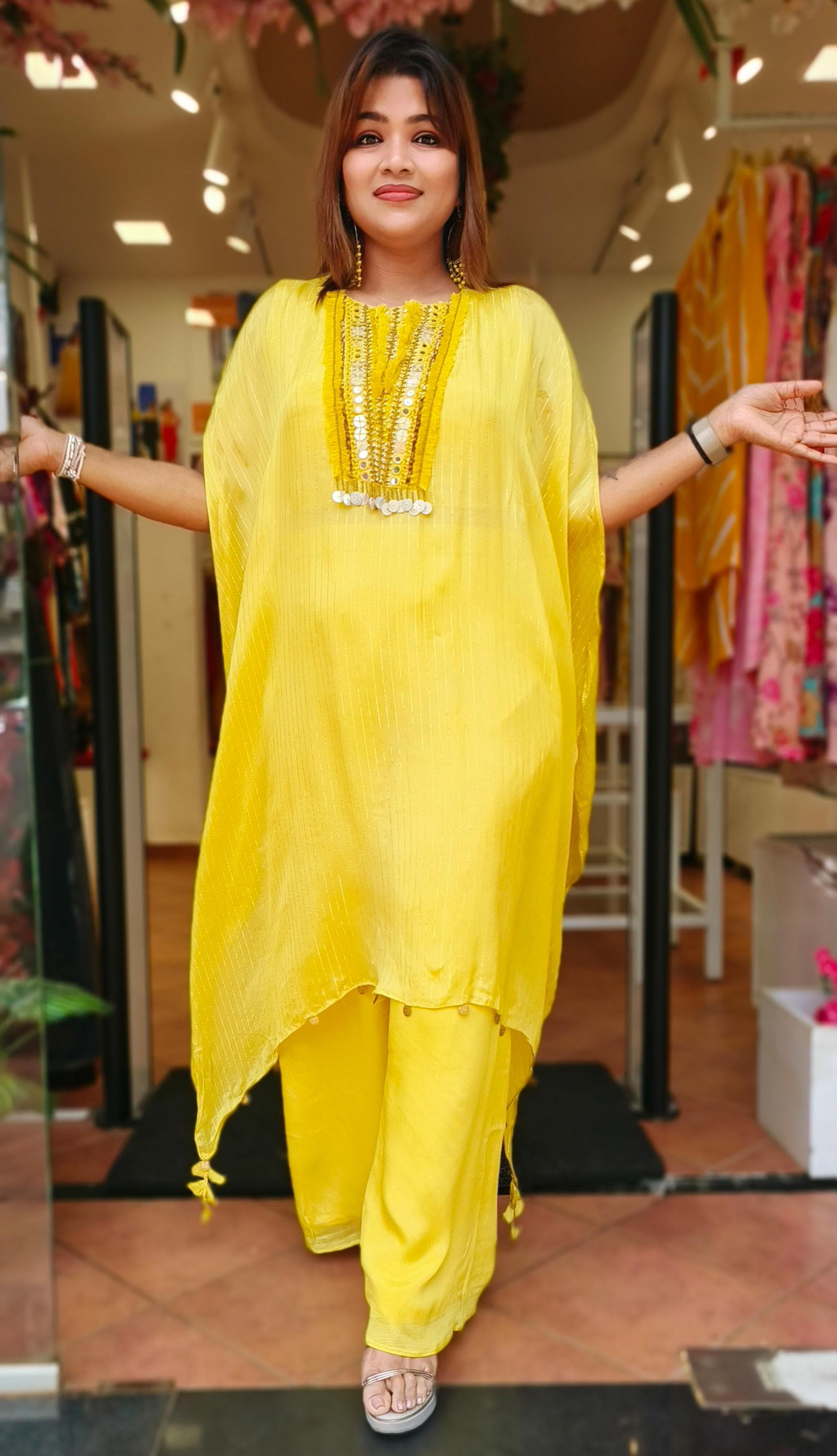 Cape Style emblishment kaftan with pads and palazzo pant (set of 2)DRYWASH-05299