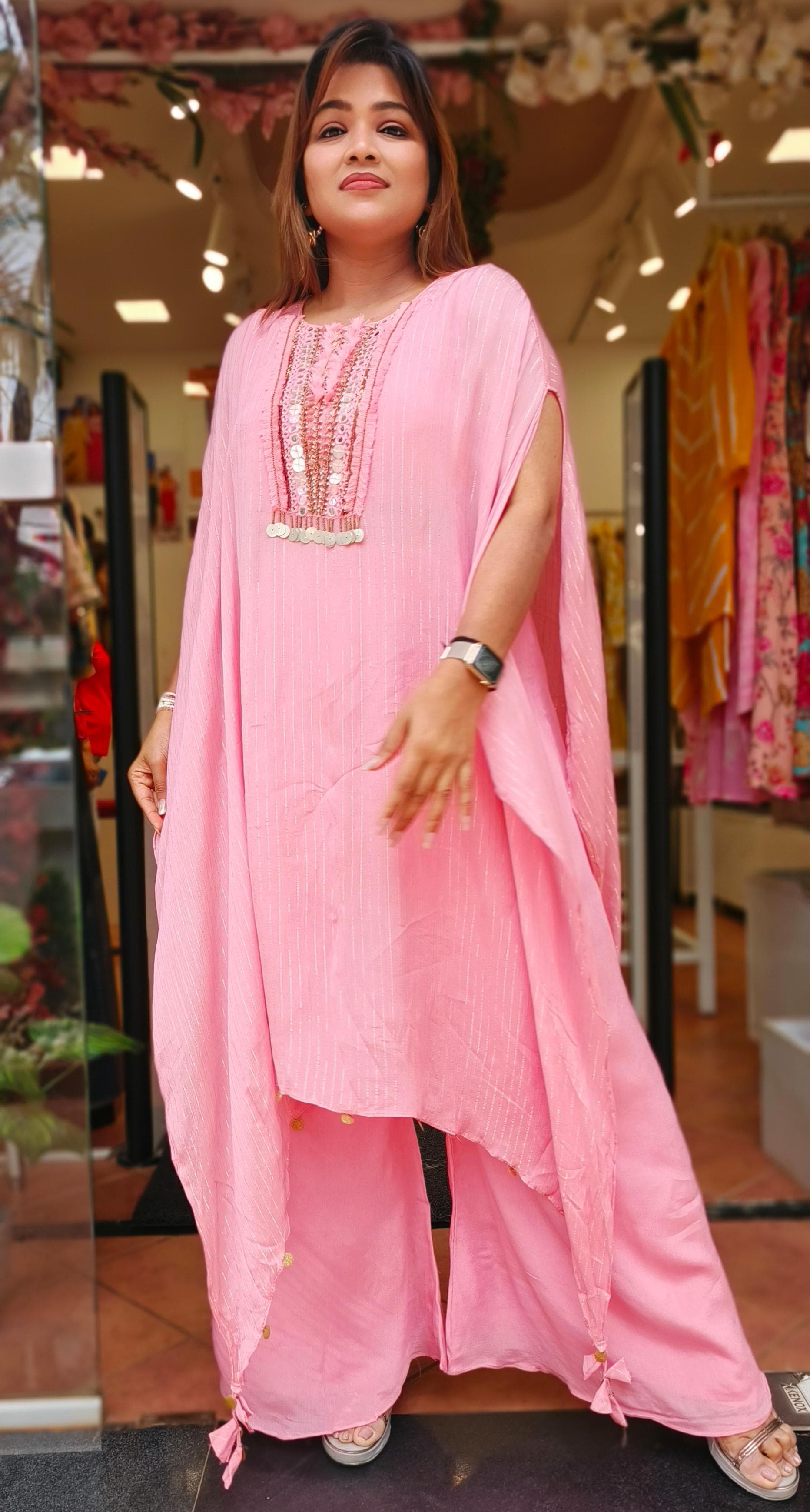 Cape Style emblishment kaftan with pads and palazzo pant (set of 2)DRYWASH-05299