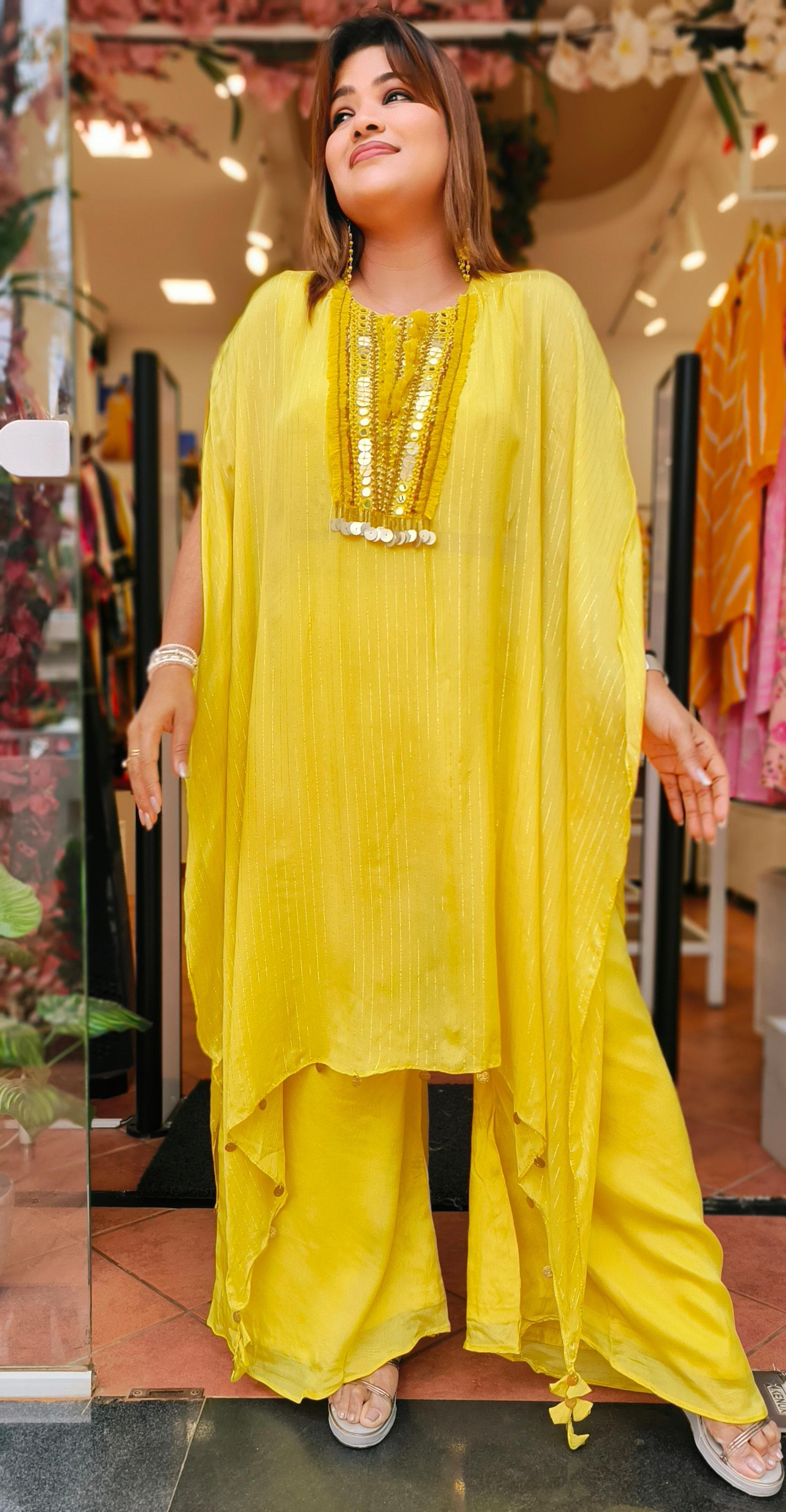 Cape Style emblishment kaftan with pads and palazzo pant (set of 2)DRYWASH-05299