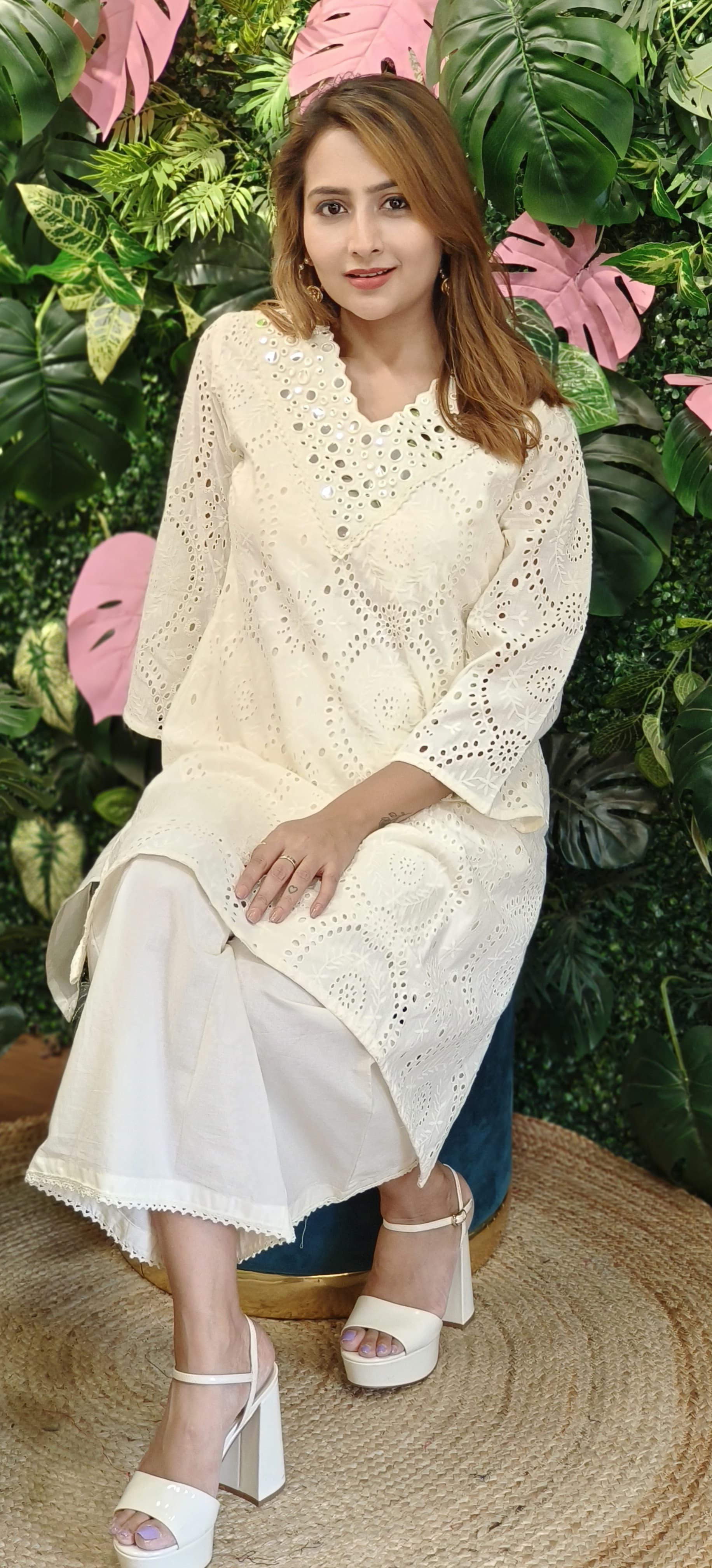 V-neck Stylish hacoba embroidery cotton foil mirror kurta with pant-04797