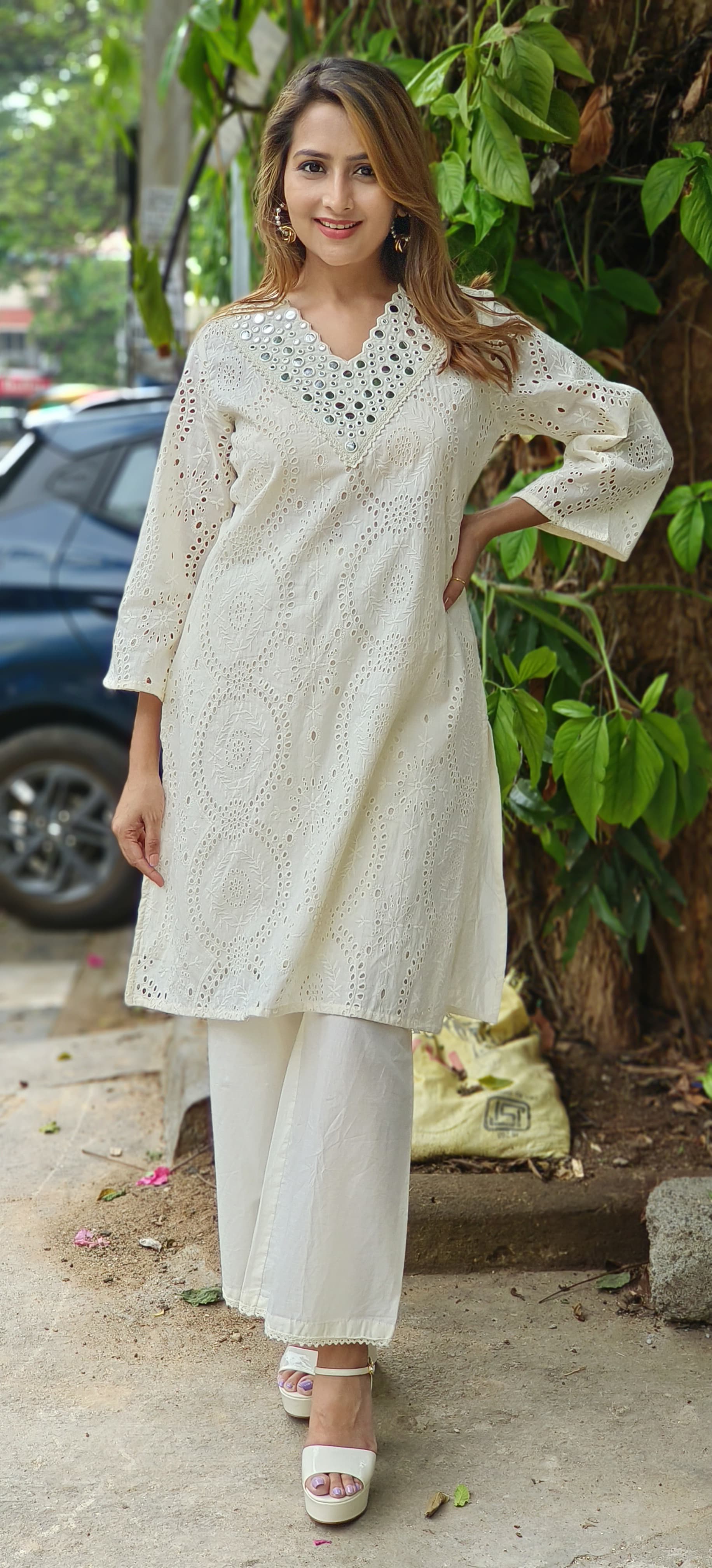 V-neck Stylish hacoba embroidery cotton foil mirror kurta with pant-04797