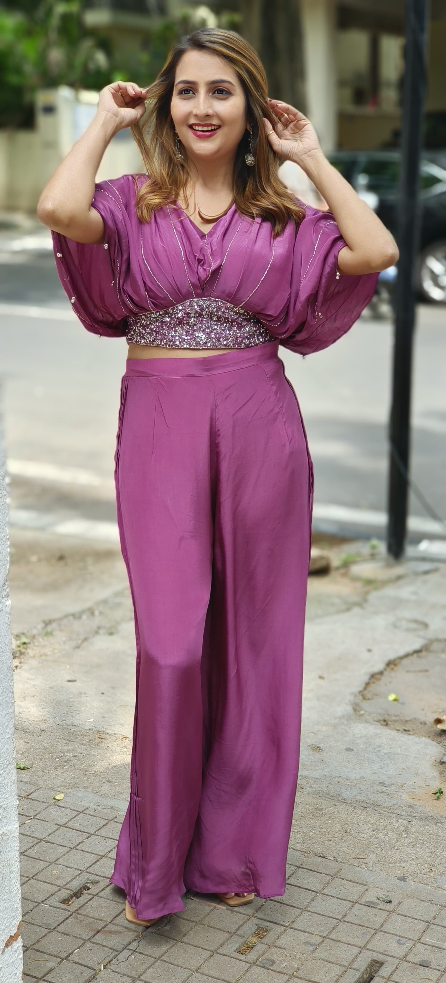 Stylish cutdana Embroidered Crape Crop Top with Chinon palazzo pant -05628-05627
