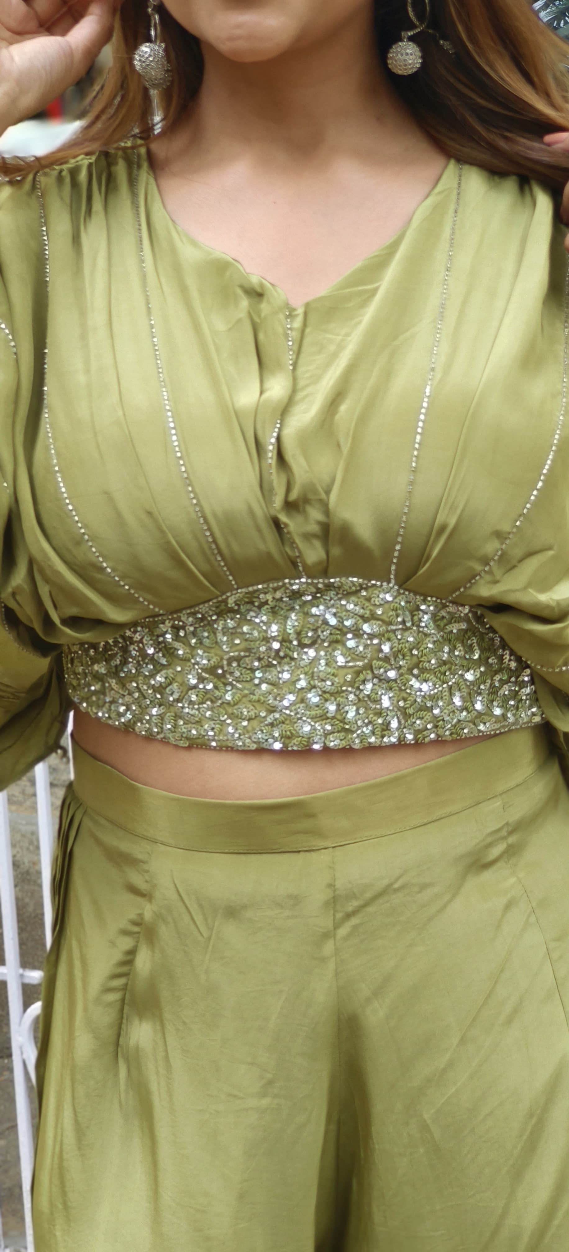 Stylish cutdana Embroidered Crape Crop Top with Chinon palazzo pant -05628-05627