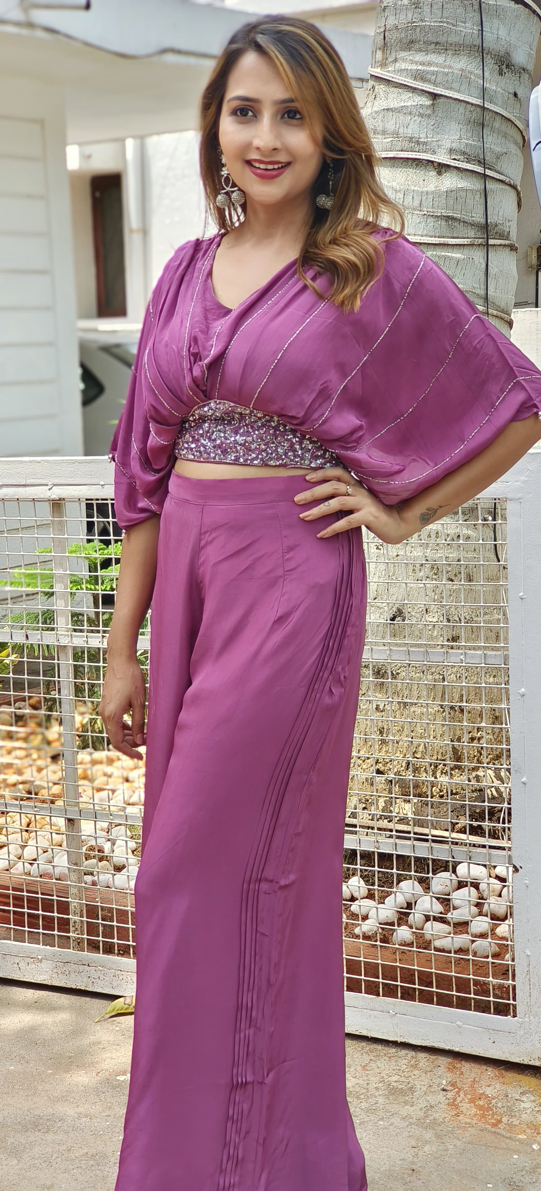 Stylish cutdana Embroidered Crape Crop Top with Chinon palazzo pant -05628-05627