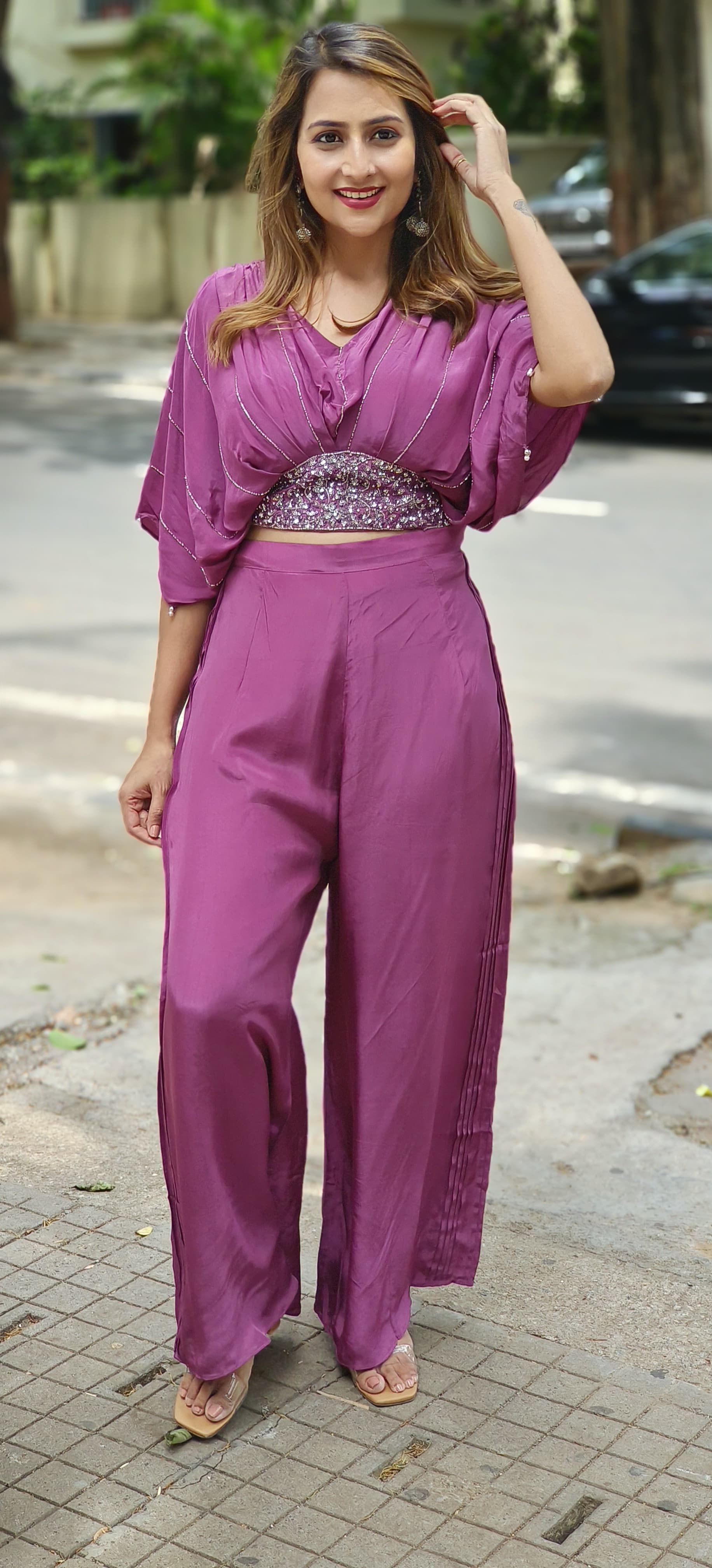 Stylish cutdana Embroidered Crape Crop Top with Chinon palazzo pant -05628-05627
