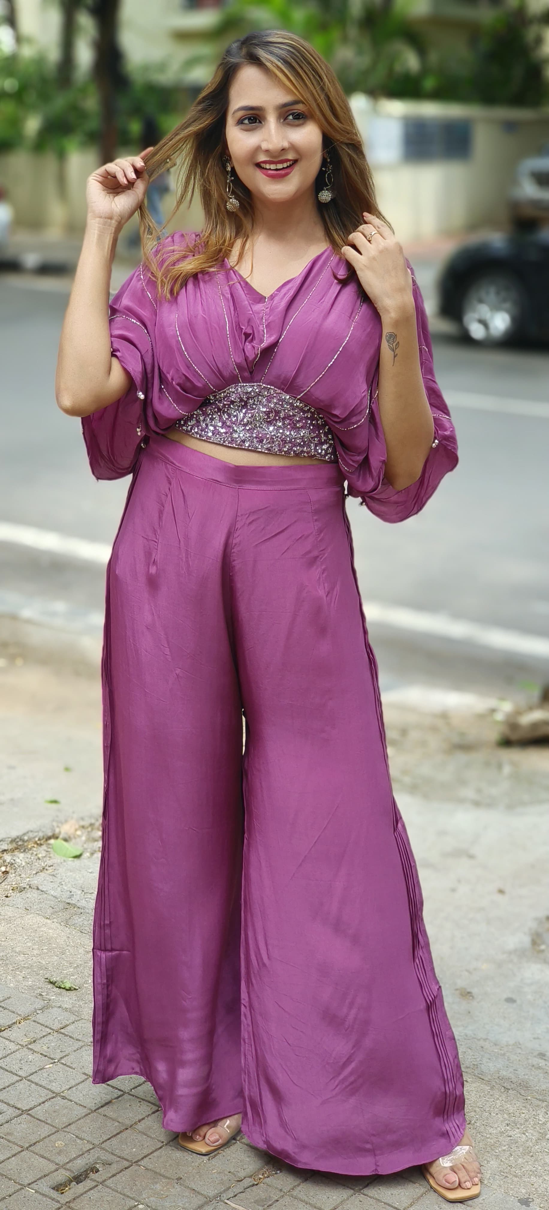 Stylish cutdana Embroidered Crape Crop Top with Chinon palazzo pant -05628-05627
