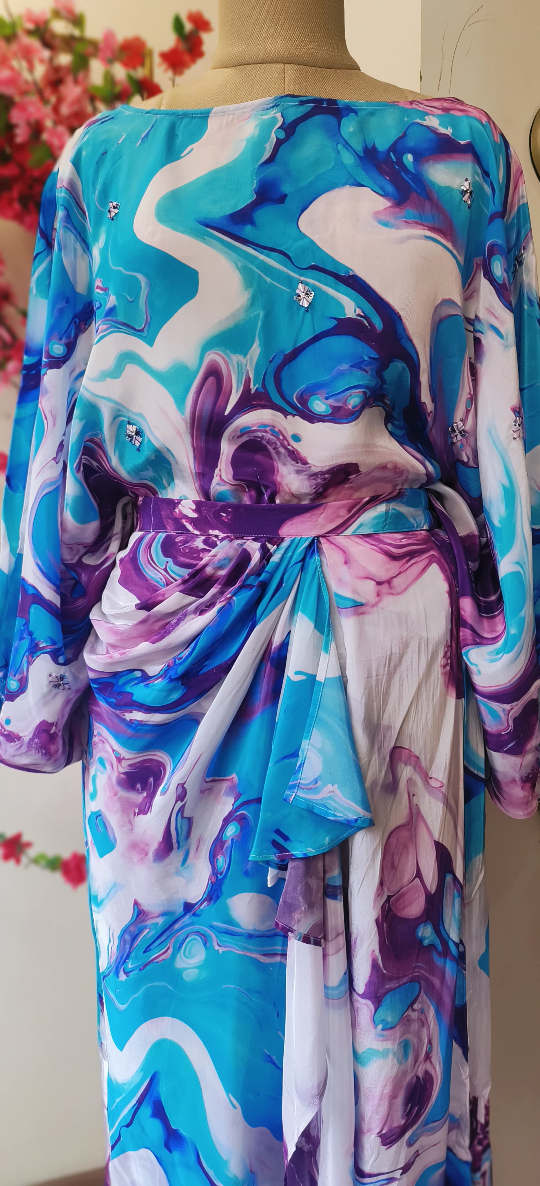 Pure Crape printed Kaftan Ballon indo-western crop top and skirt DRY WASH-06114